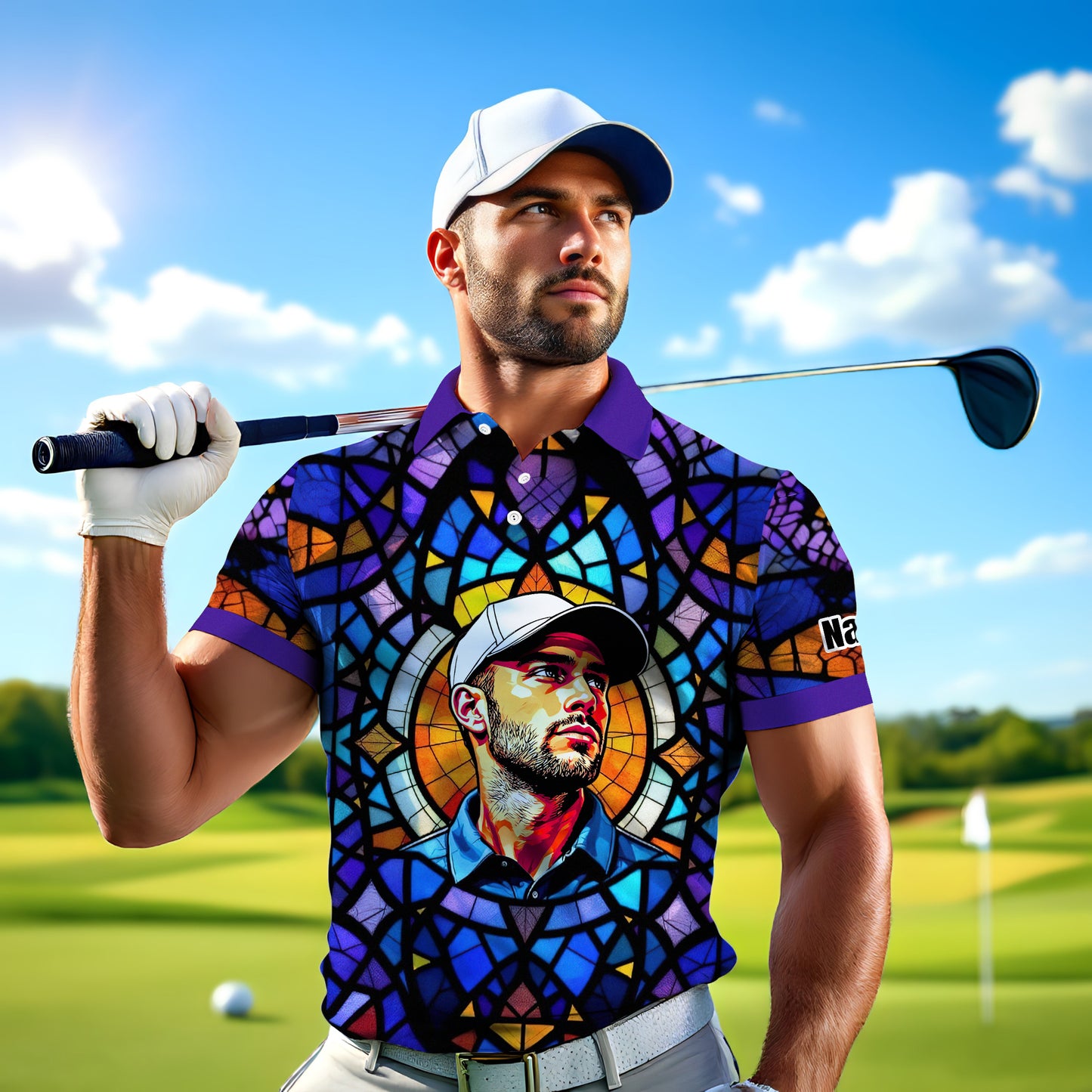 Custom Face Golf Polo Shirt – Personalized Stained Glass Art Shirt, Unique Golf Gift for Him, Colorful Abstract Golf Polo, Custom Sportswear