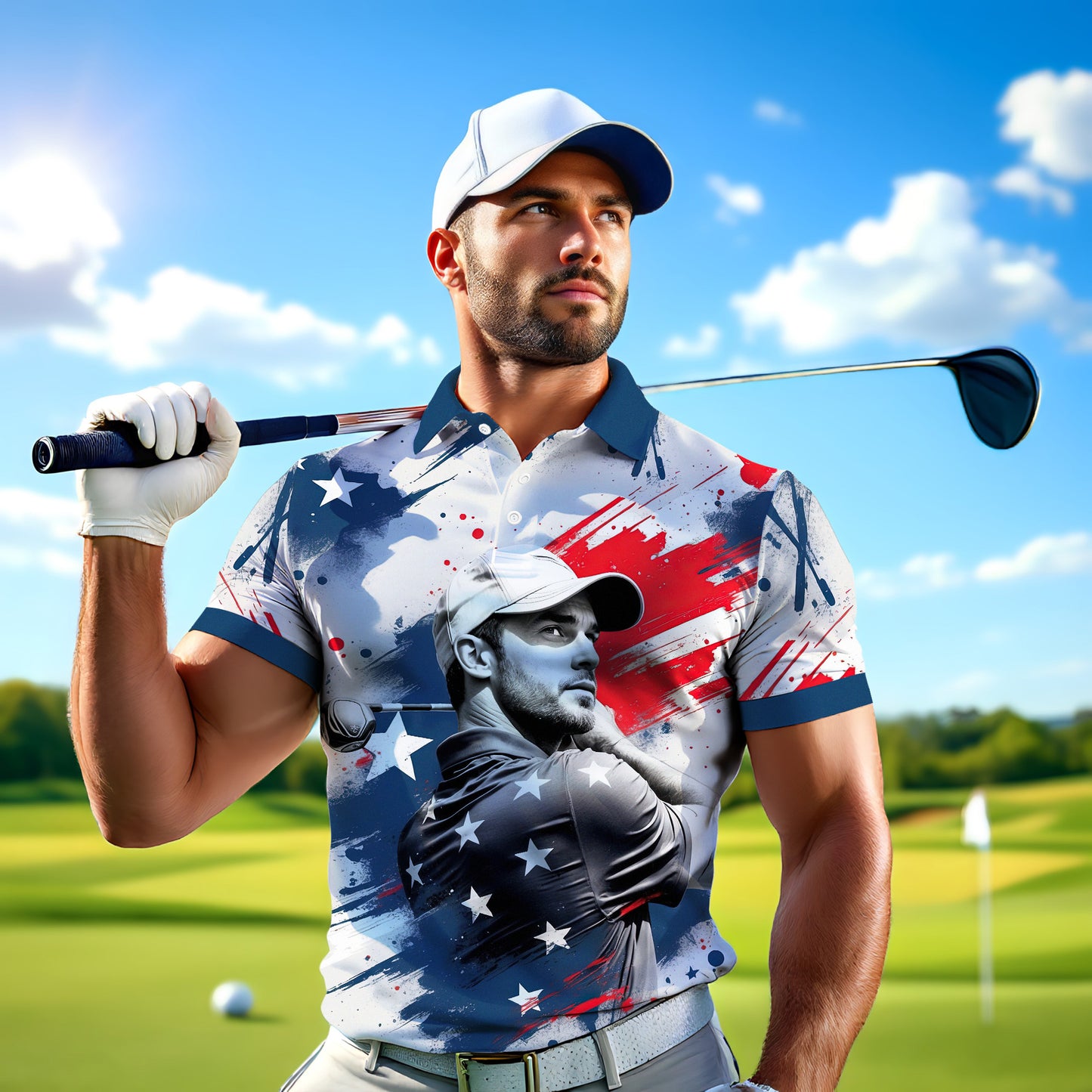 HomyGifts Men's Customized Face Artistic Golf Polo Shirt, Personalized American Flag Design, Unique Gift for Patriotic Golfers Style 14