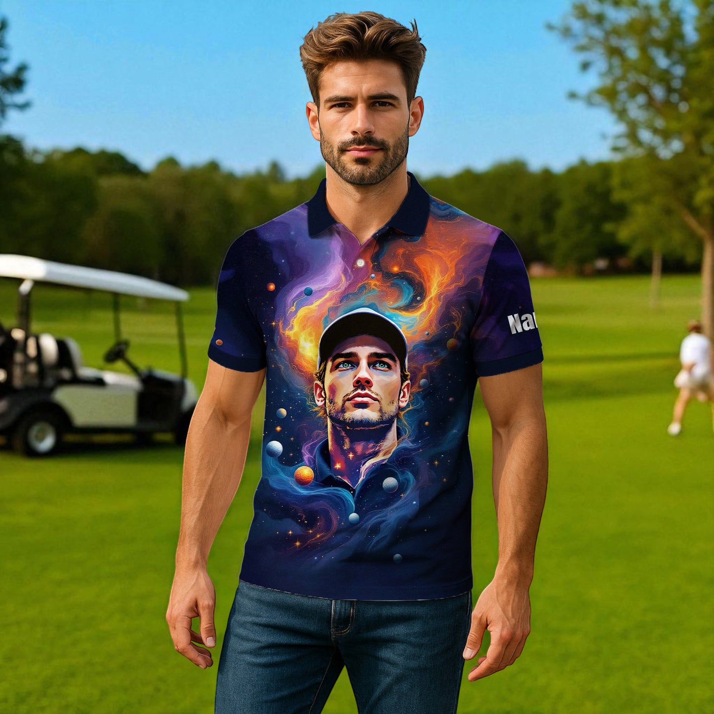 Custom Cosmic Portrait Polo Shirt – Personalized Surreal Galaxy Art with Your Face | Unique Gift for Golfers, Sports & Astrology Fans