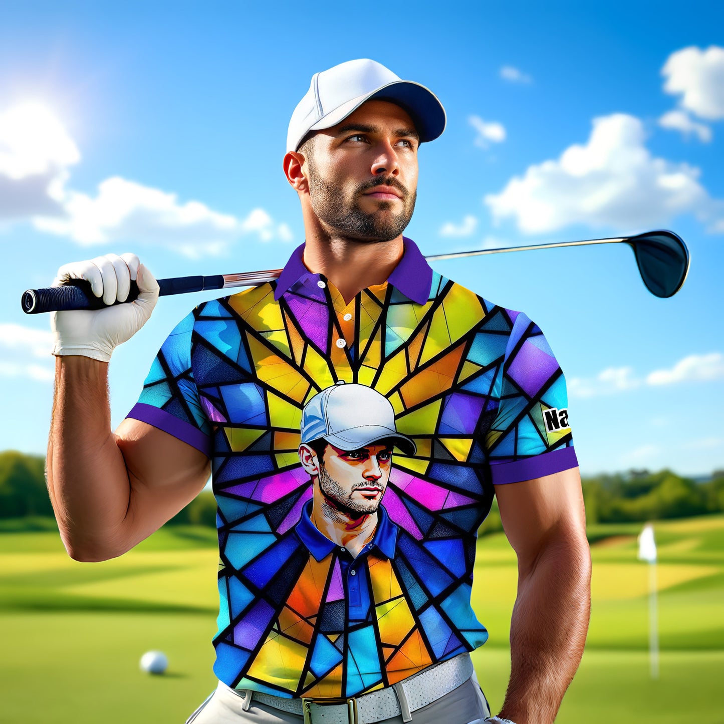 Custom Face Golf Polo Shirt – Personalized Stained Glass Art Shirt, Unique Golf Gift for Him, Colorful Abstract Golf Polo, Custom Sportswear
