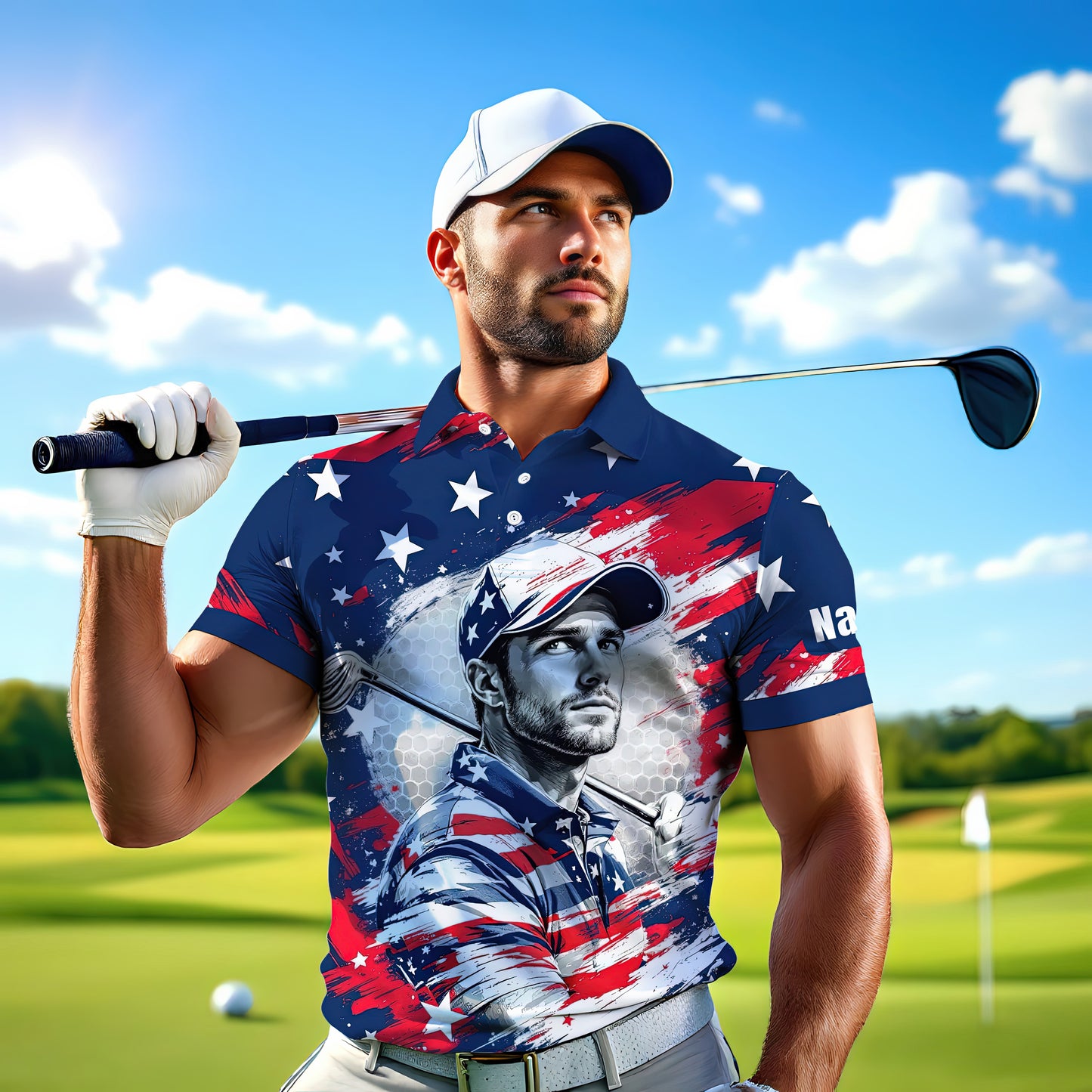 HomyGifts Men's Customized Face Artistic Golf Polo Shirt, Personalized American Flag Design, Unique Gift for Patriotic Golfers Style 13