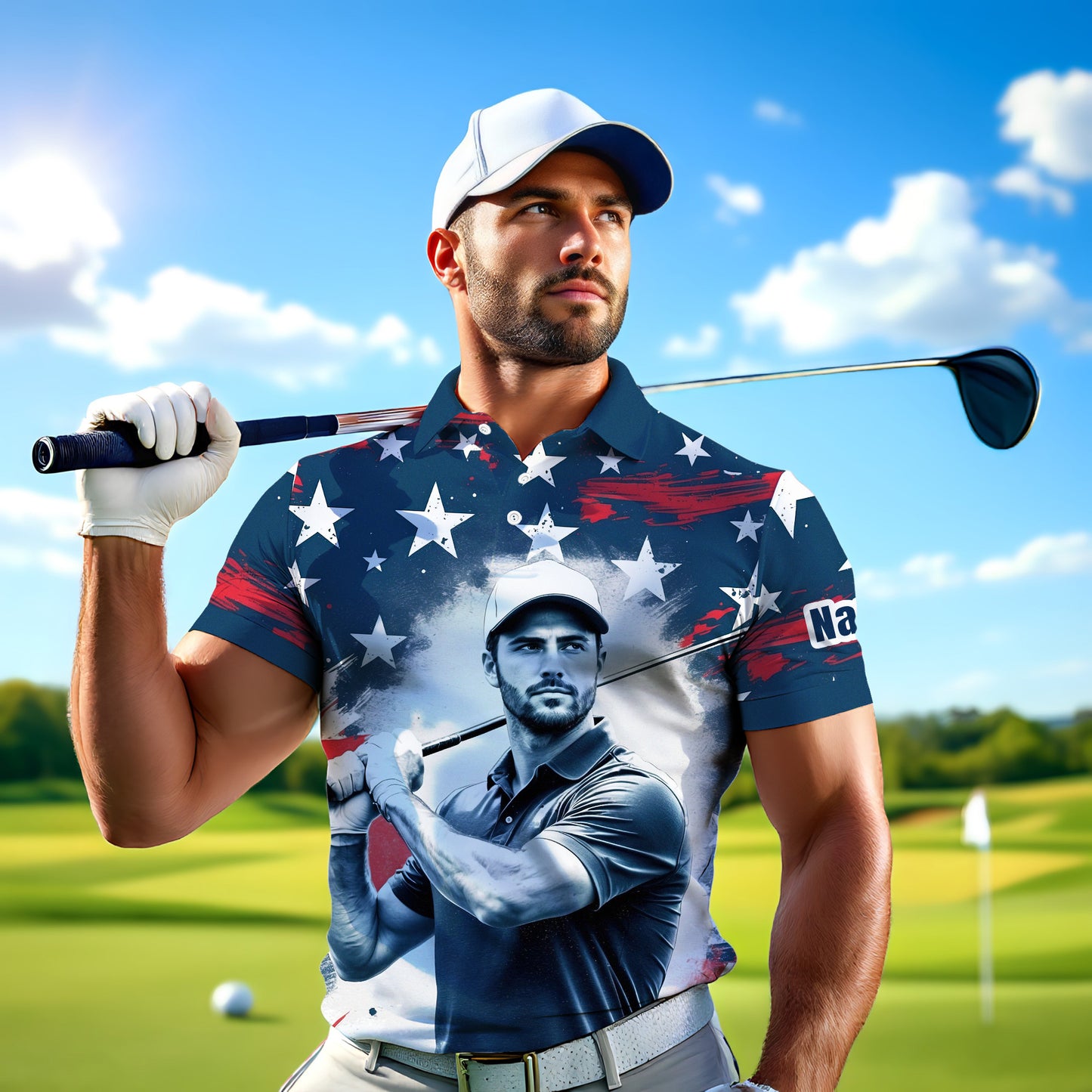 HomyGifts Men's Customized Face Artistic Golf Polo Shirt, Personalized American Flag Design, Unique Gift for Patriotic Golfers Style 29