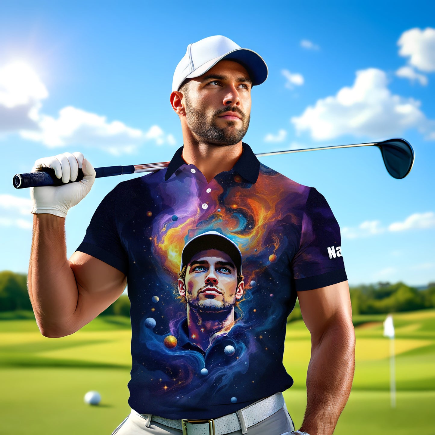 Custom Cosmic Portrait Polo Shirt – Personalized Surreal Galaxy Art with Your Face | Unique Gift for Golfers, Sports & Astrology Fans