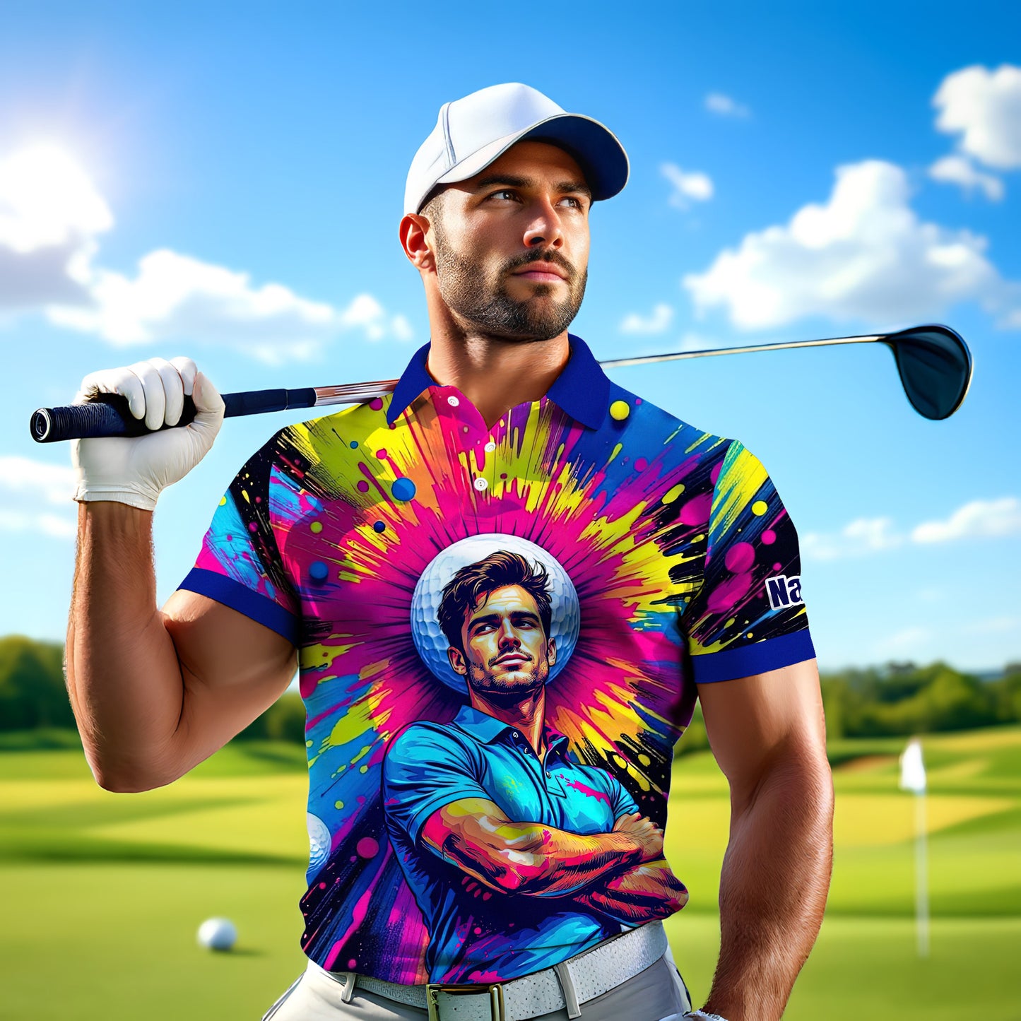 HomyGifts Men's Customized Face Artistic Golf Polo Shirt, Personalized Pop Art Golf Polo, Portrait Gift for Golfers Style 4