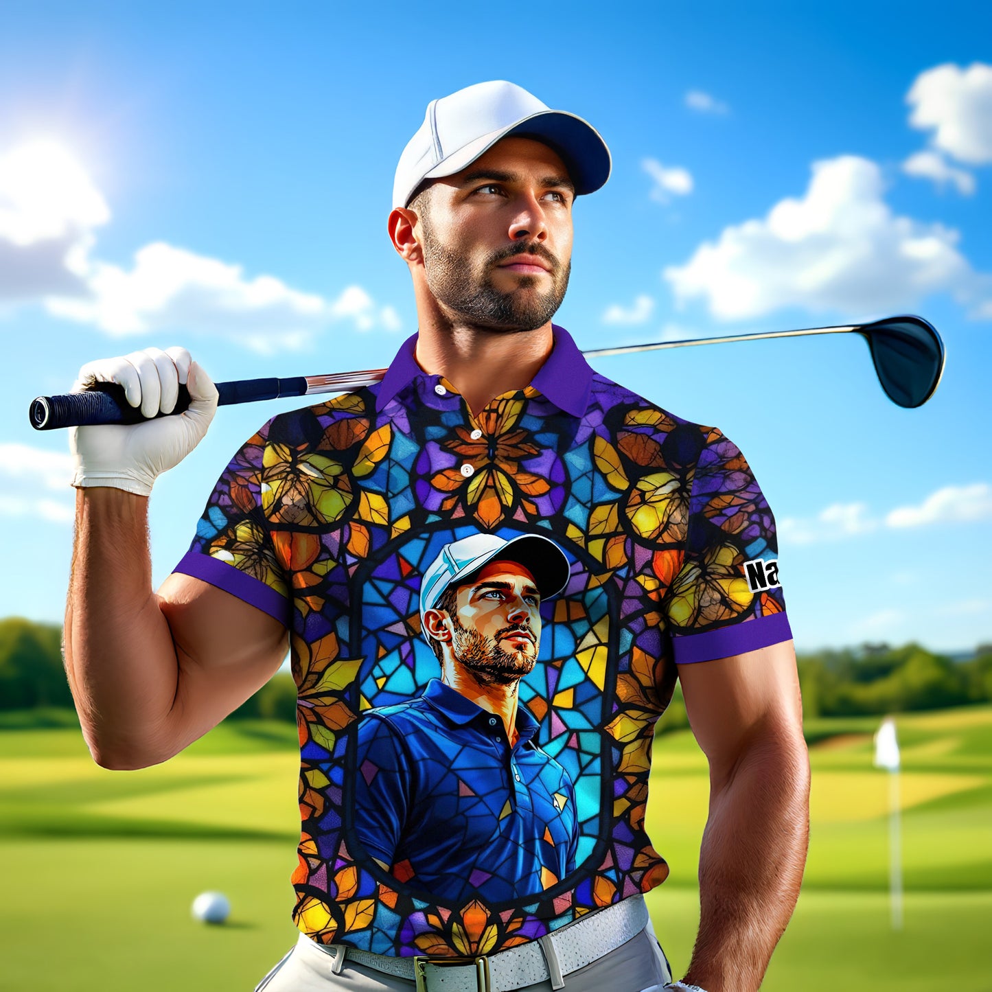 Custom Face Golf Polo Shirt – Personalized Stained Glass Art Shirt, Unique Golf Gift for Him, Colorful Abstract Golf Polo, Custom Sportswear