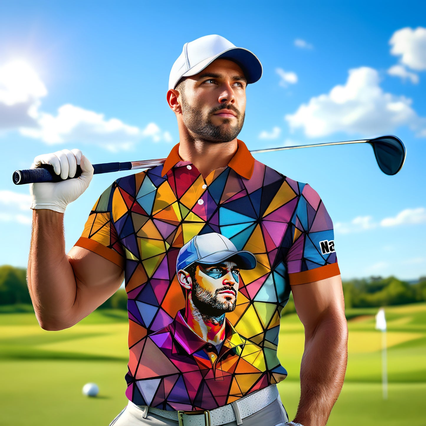 Angular Geometric Glass Pattern Custom Face Polo — Stained-Glass Mosaic Print, Personalized Sublimation Golf Shirt, Vibrant Geometric Portrait Tee