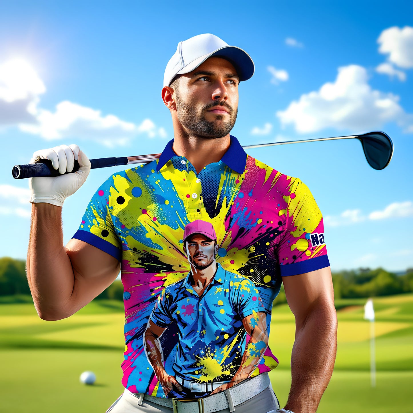 HomyGifts Men's Customized Face Artistic Golf Polo Shirt, Personalized Pop Art Golf Polo, Portrait Gift for Golfers Style 13