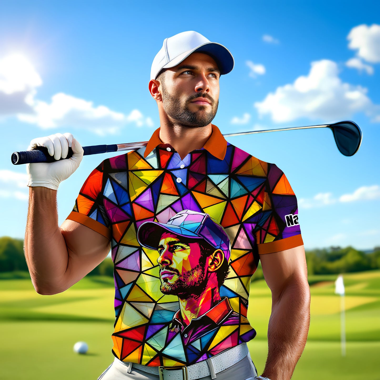 HomyGifts Men's Customized Face Artistic Golf Polo Shirt, Angular Geometric Glass Pattern, Stained-Glass Mosaic Print, Personalized Sublimation Golf Shirt, Vibrant Geometric Portrait Tee