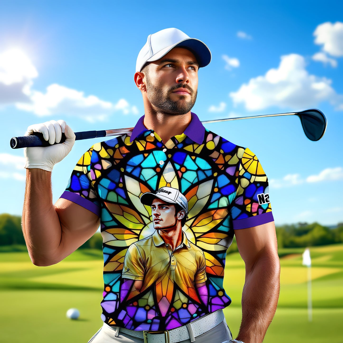 Custom Face Golf Polo Shirt – Personalized Stained Glass Art Shirt, Unique Golf Gift for Him, Colorful Abstract Golf Polo, Custom Sportswear