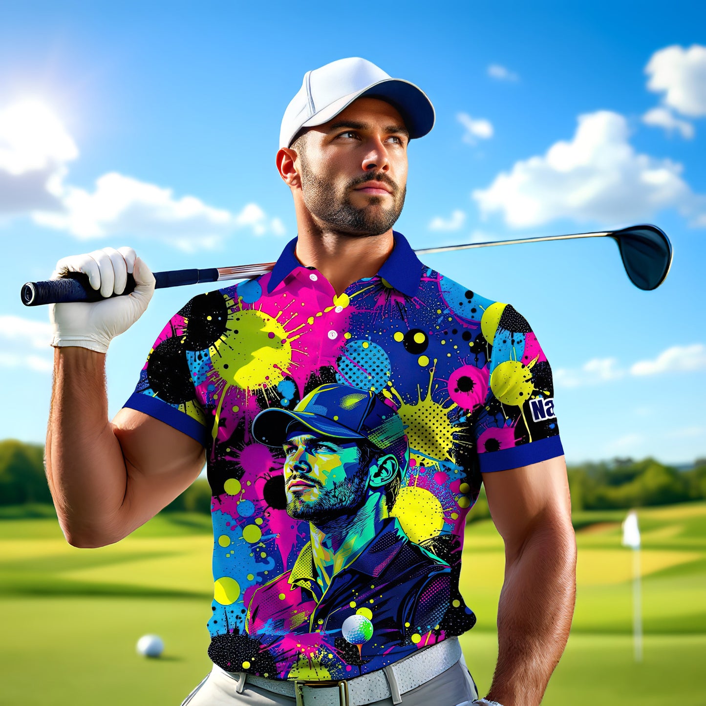 HomyGifts Men's Customized Face Artistic Golf Polo Shirt, Personalized Pop Art Golf Polo, Portrait Gift for Golfers Style 2