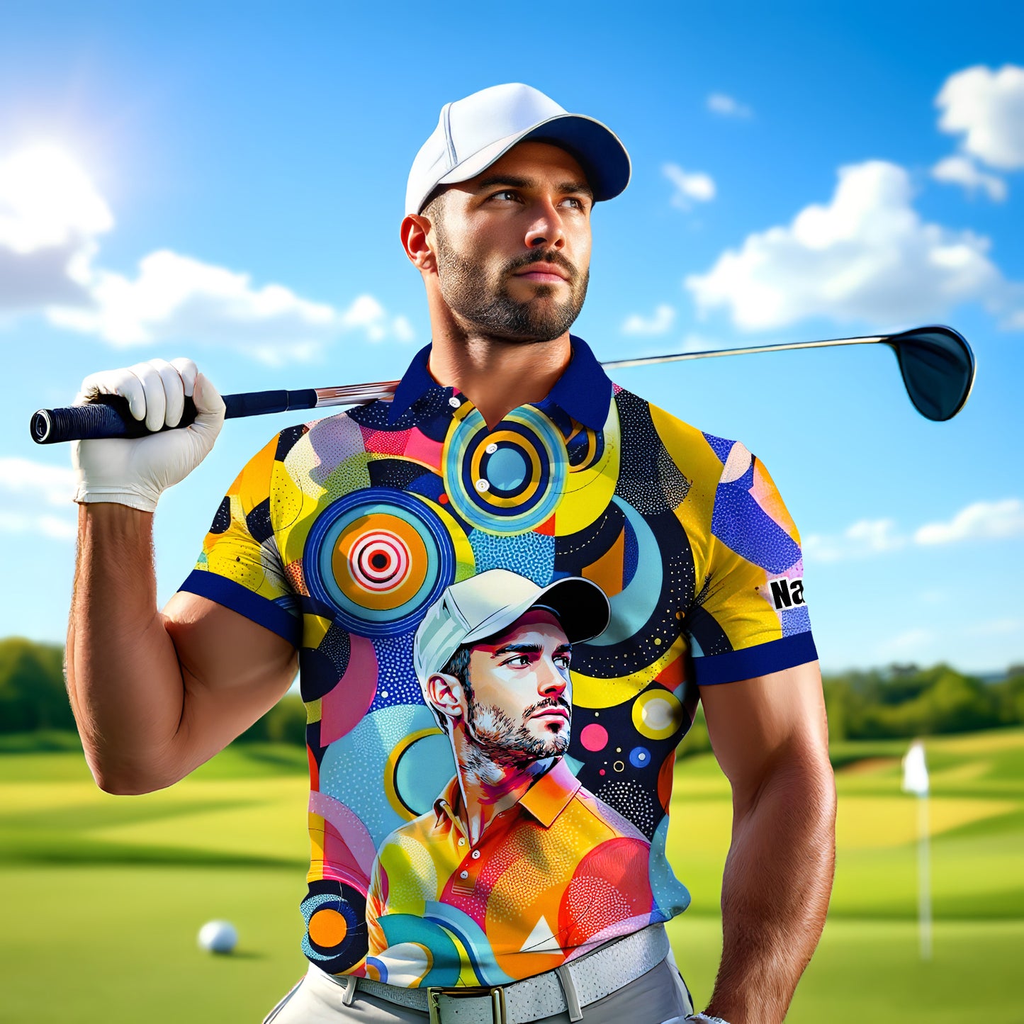 HomyGifts Custom Face Polo Shirt – Personalized Abstract Geometric Art Photo Shirt, Unique Gift for Him & Her
