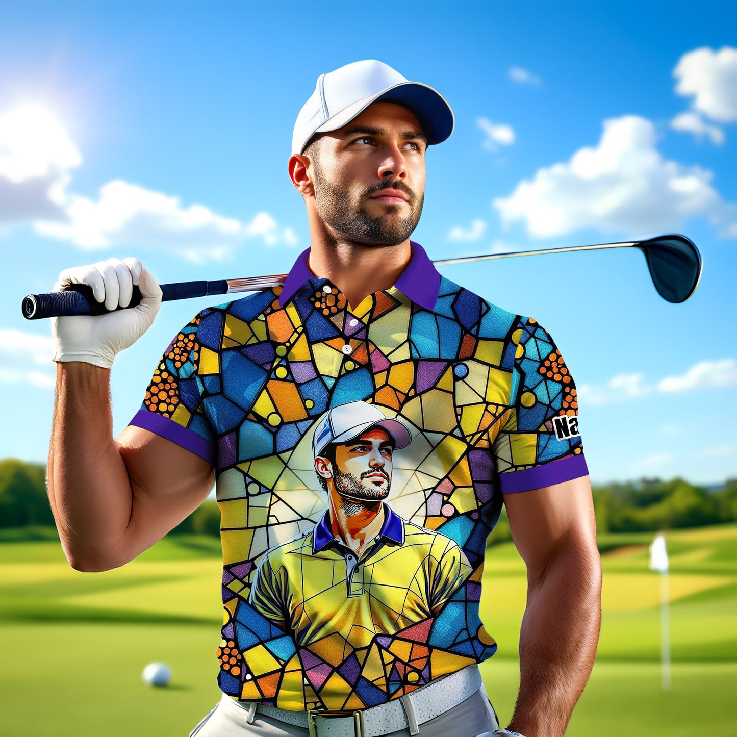 Custom Face Golf Polo Shirt – Personalized Stained Glass Art Shirt, Unique Golf Gift for Him, Colorful Abstract Golf Polo, Custom Sportswear