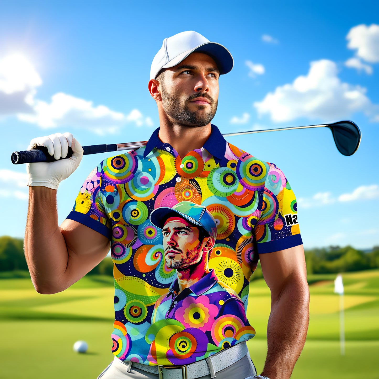 HomyGifts Custom Face Polo Shirt – Personalized Abstract Geometric Art Photo Shirt, Unique Gift for Him & Her