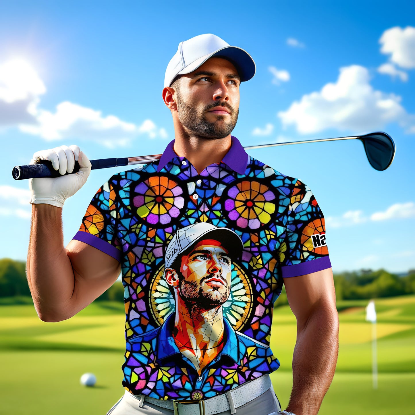 Custom Face Golf Polo Shirt – Personalized Stained Glass Art Shirt, Unique Golf Gift for Him, Colorful Abstract Golf Polo, Custom Sportswear