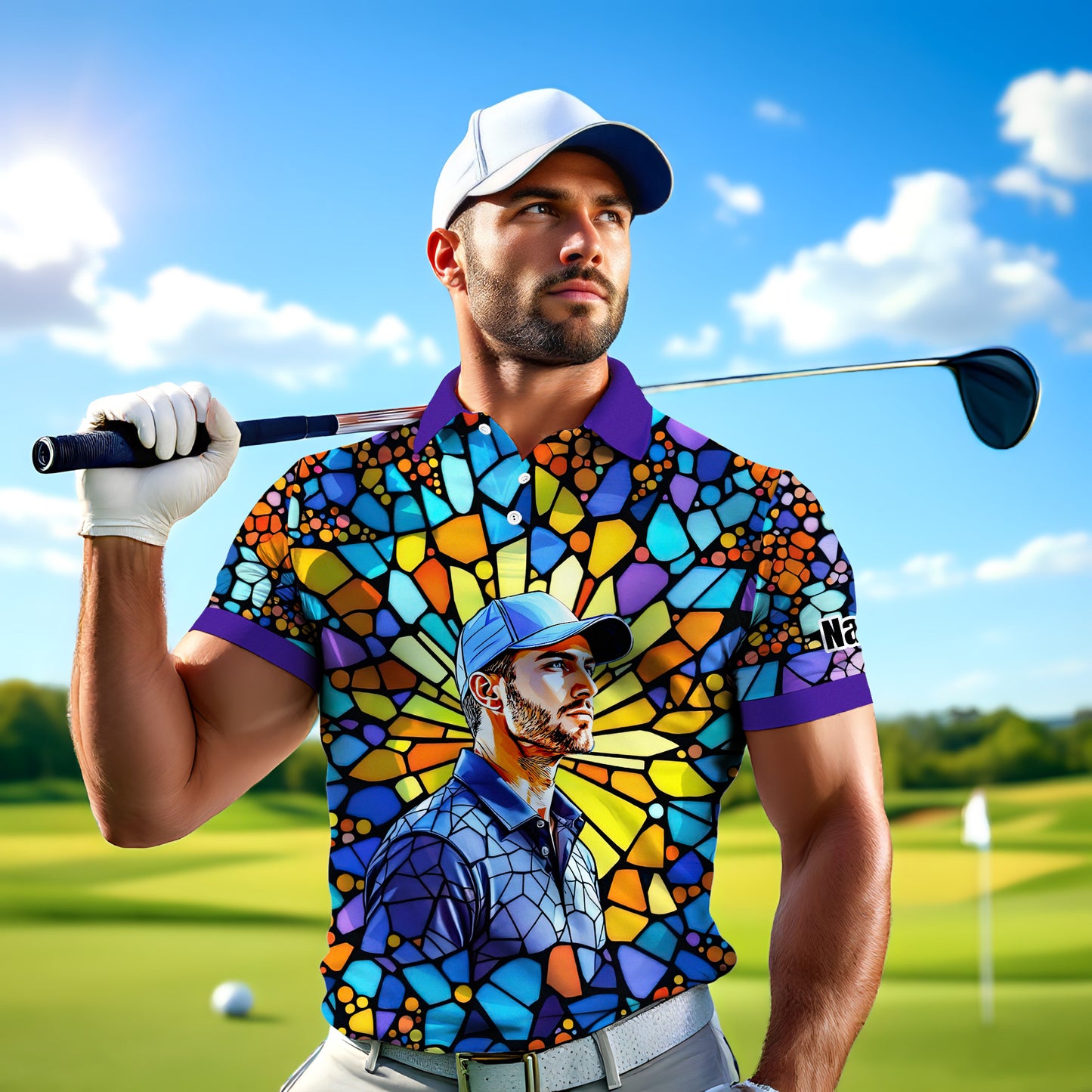 Custom Face Golf Polo Shirt – Personalized Stained Glass Art Shirt, Unique Golf Gift for Him, Colorful Abstract Golf Polo, Custom Sportswear