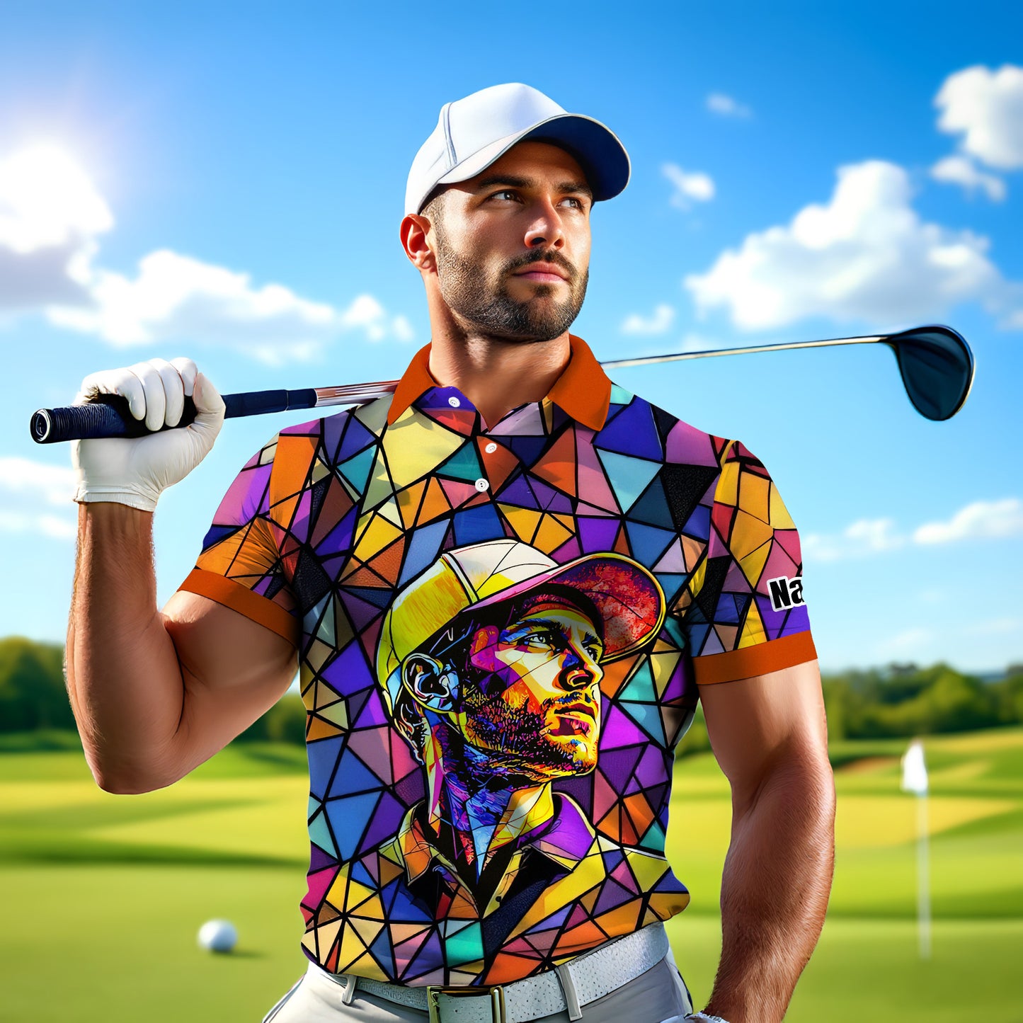 HomyGifts Men's Customized Face Artistic Golf Polo Shirt, Angular Geometric Glass Pattern, Stained-Glass Mosaic Print, Personalized Sublimation Golf Shirt, Vibrant Geometric Portrait Tee