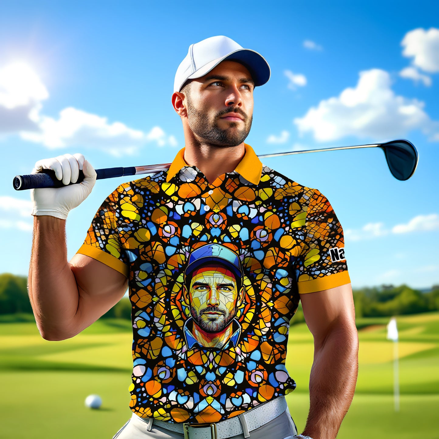 Custom Face Golf Polo Shirt – Personalized Stained Glass Mandala Style Polo, Unique Gift for Men & Women, Vibrant Artistic Golf Shirt, Custom Photo Polo