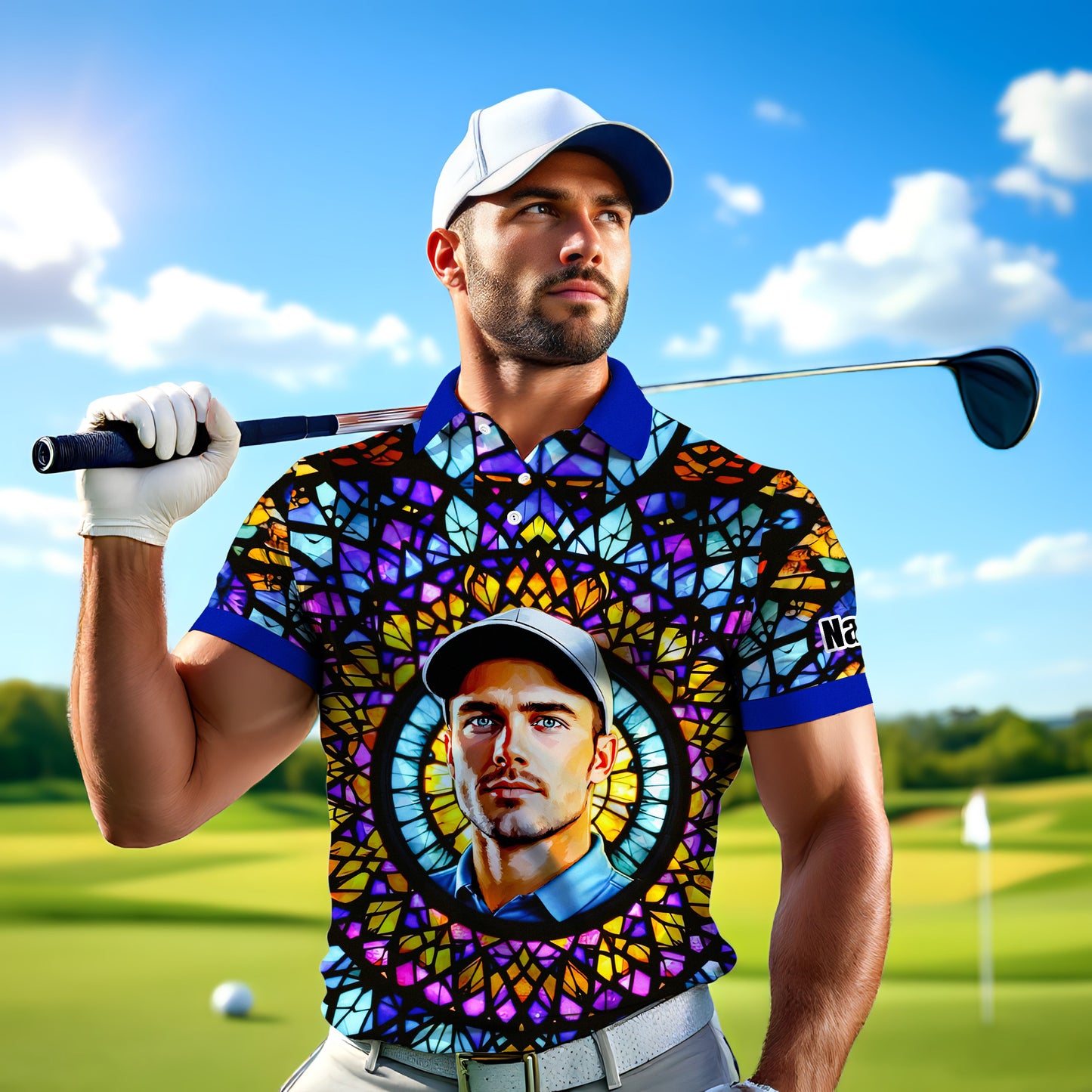 Custom Face Golf Polo Shirt – Personalized Stained Glass Mandala Style Polo, Unique Gift for Men & Women, Vibrant Artistic Golf Shirt, Custom Photo Polo