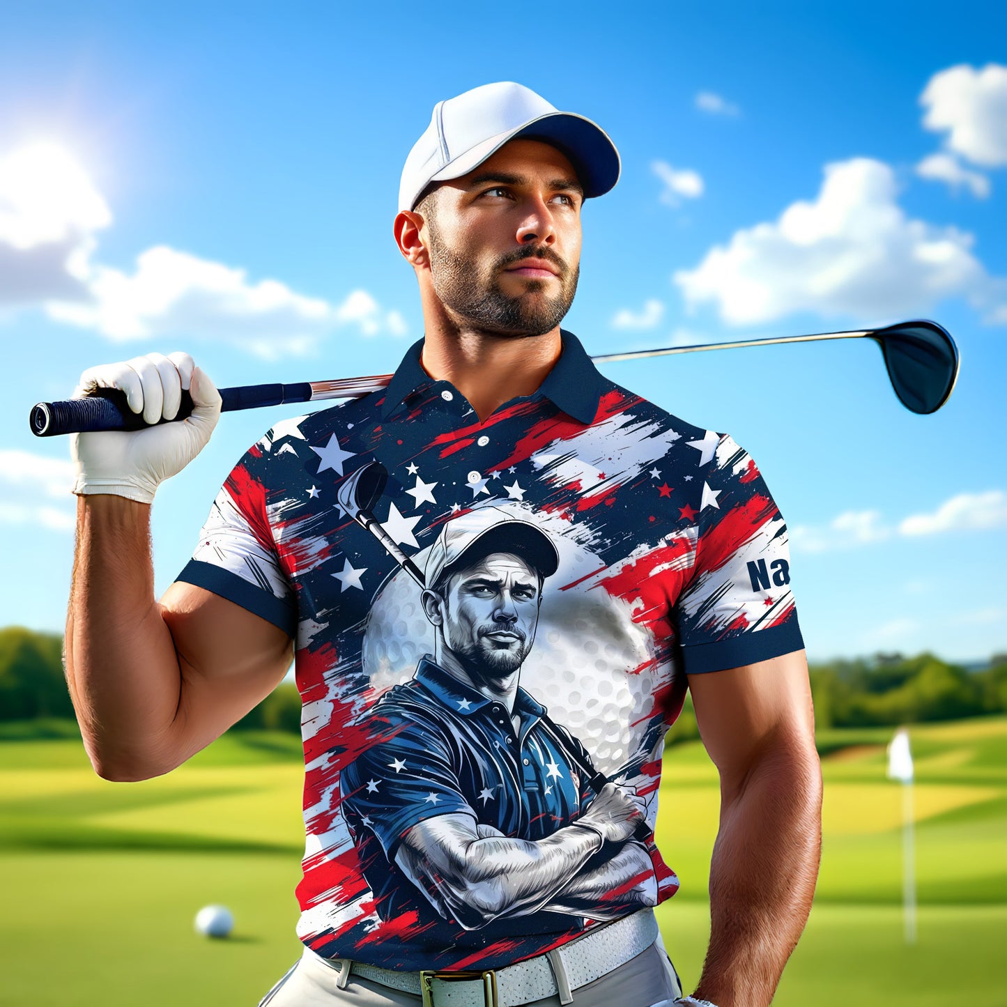 HomyGifts Men's Customized Face Artistic Golf Polo Shirt, Personalized American Flag Design, Unique Gift for Patriotic Golfers Style 15