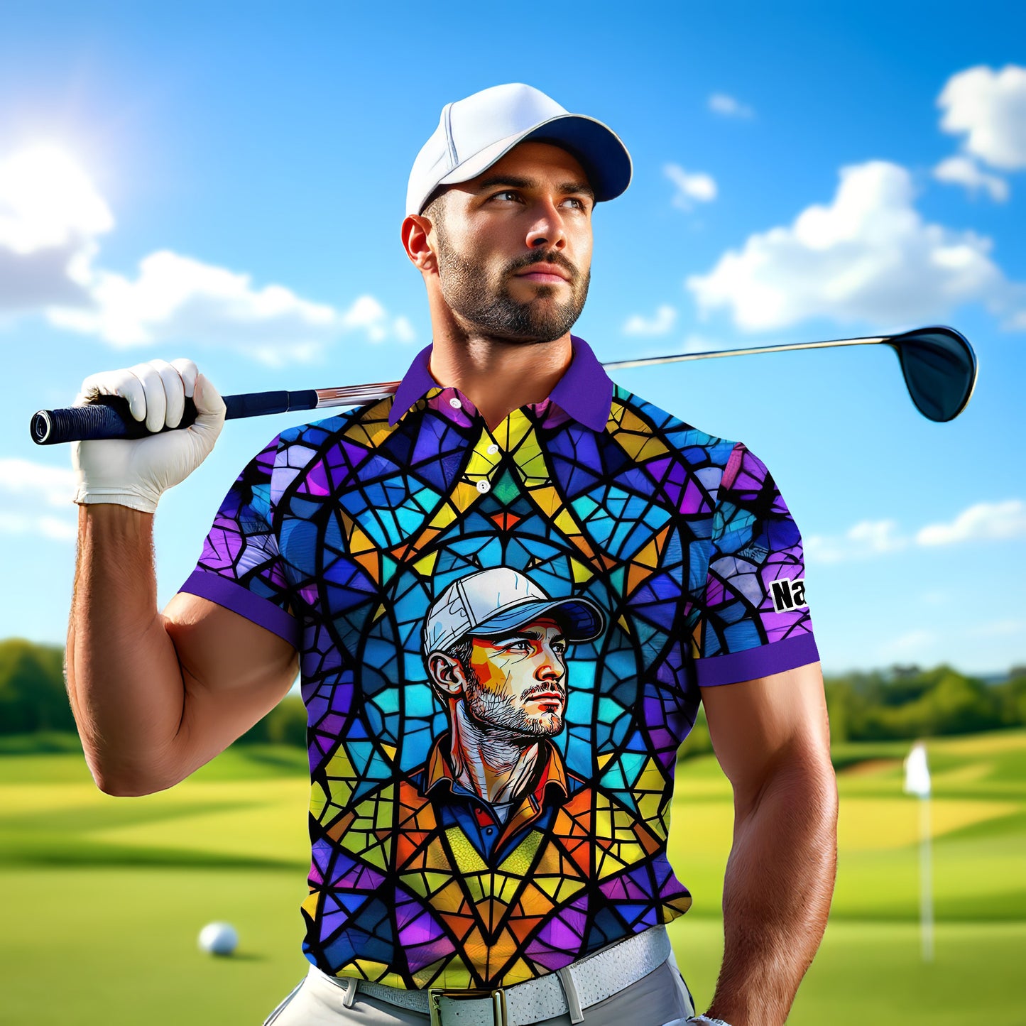 Custom Face Golf Polo Shirt – Personalized Stained Glass Art Shirt, Unique Golf Gift for Him, Colorful Abstract Golf Polo, Custom Sportswear