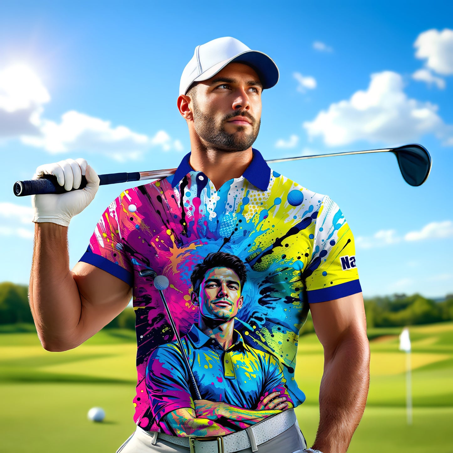 HomyGifts Men's Customized Face Artistic Golf Polo Shirt, Personalized Pop Art Golf Polo, Portrait Gift for Golfers Style 6