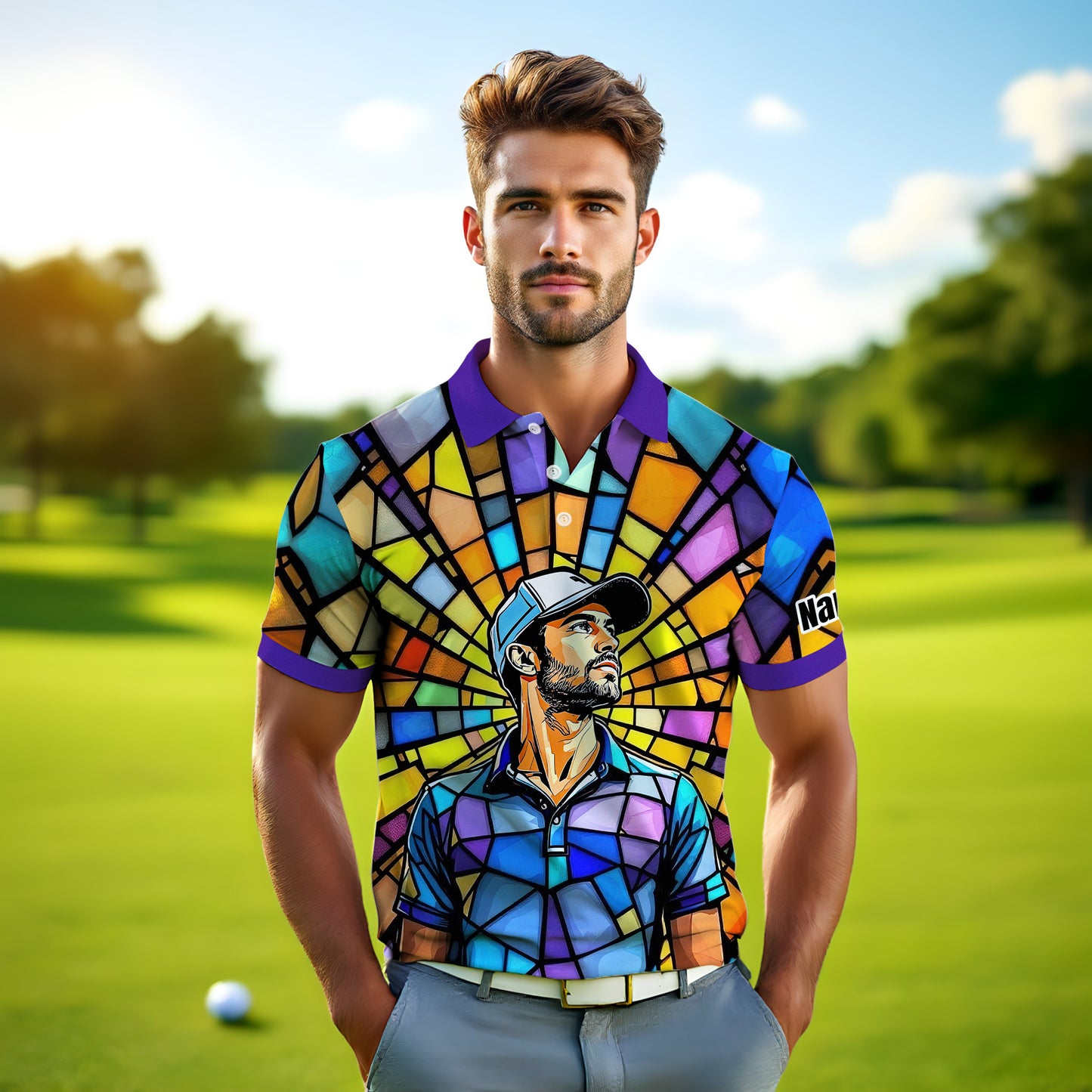 Custom Face Golf Polo Shirt – Personalized Stained Glass Art Shirt, Unique Golf Gift for Him, Colorful Abstract Golf Polo, Custom Sportswear