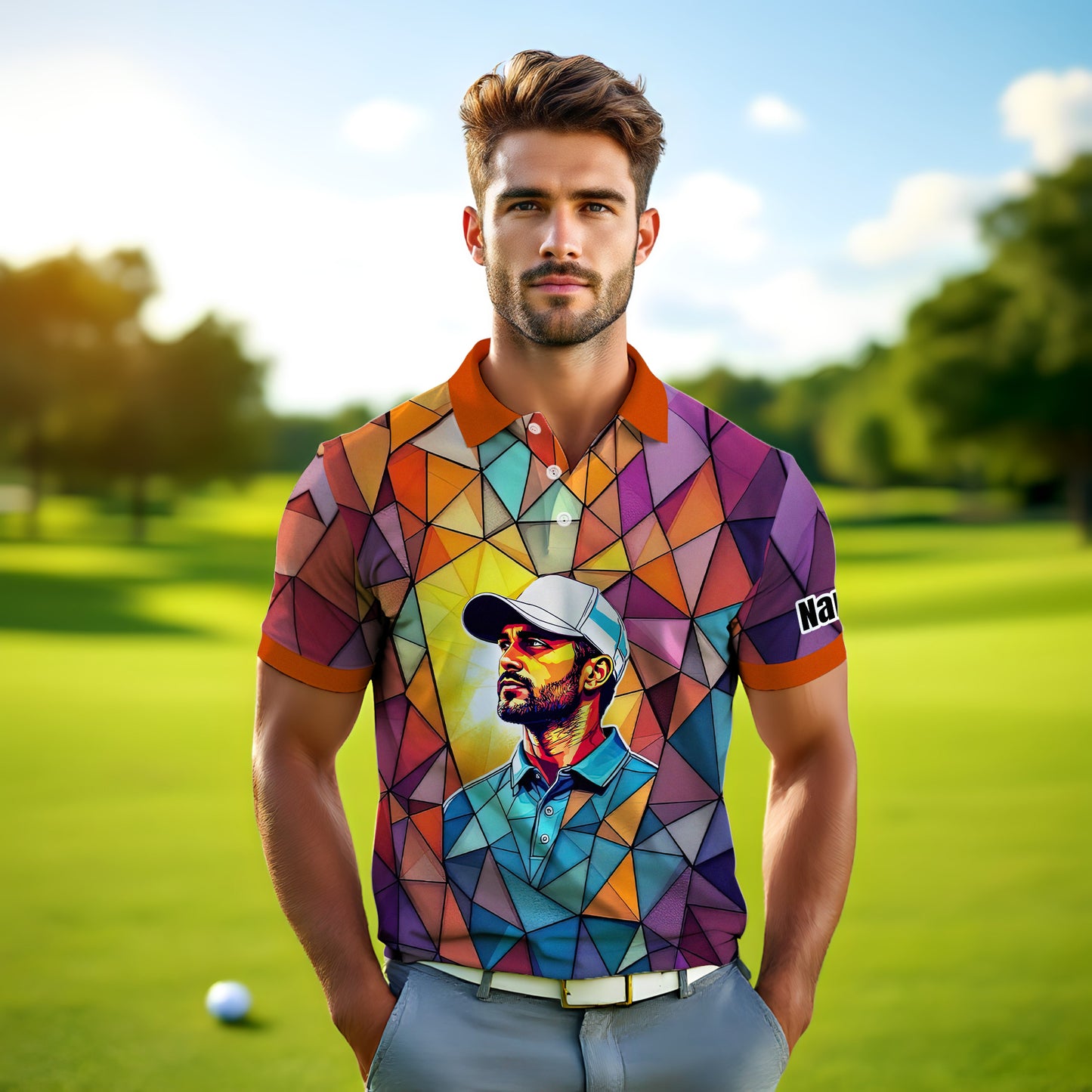 Angular Geometric Glass Pattern Custom Face Polo — Stained-Glass Mosaic Print, Personalized Sublimation Golf Shirt, Vibrant Geometric Portrait Tee