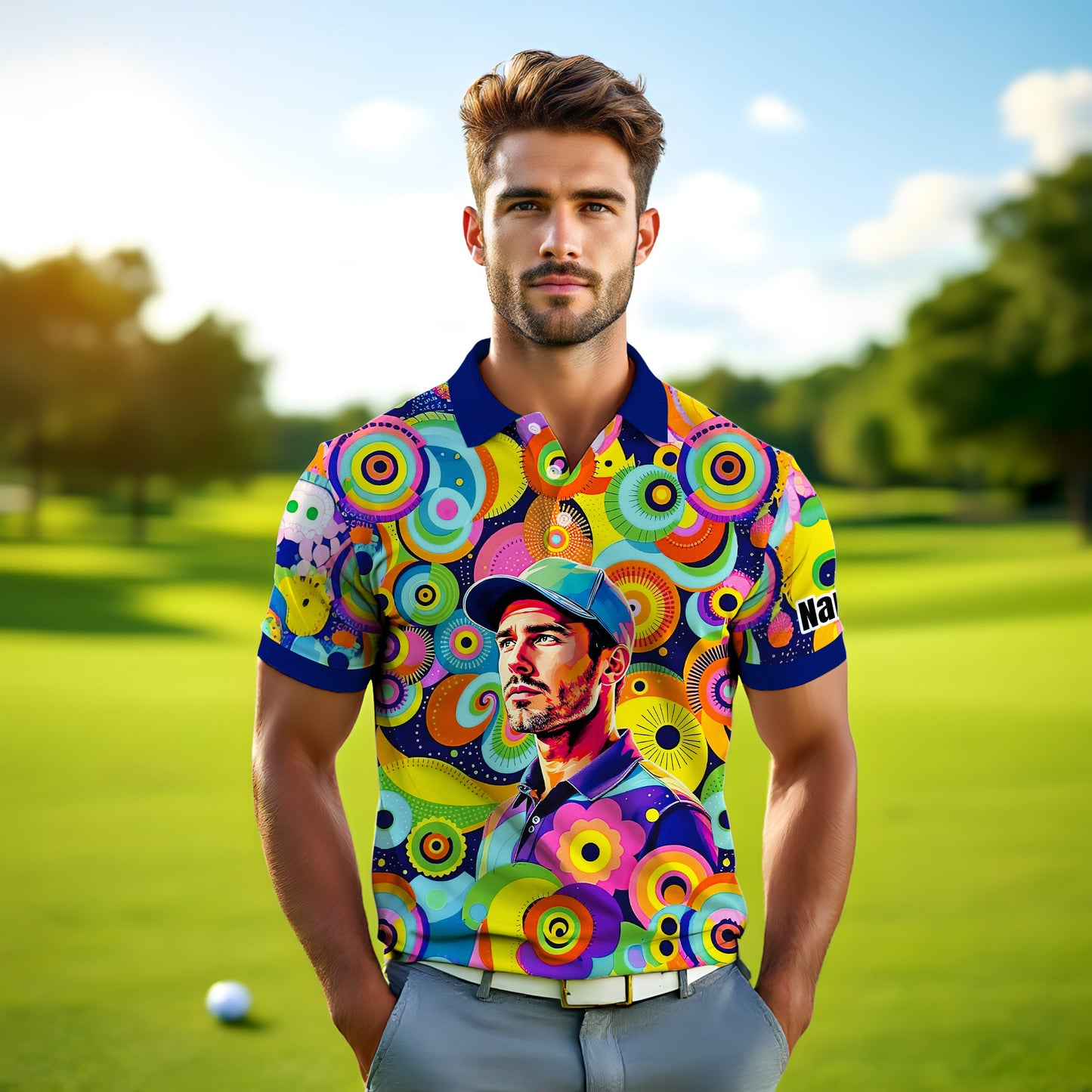 HomyGifts Custom Face Polo Shirt – Personalized Abstract Geometric Art Photo Shirt, Unique Gift for Him & Her