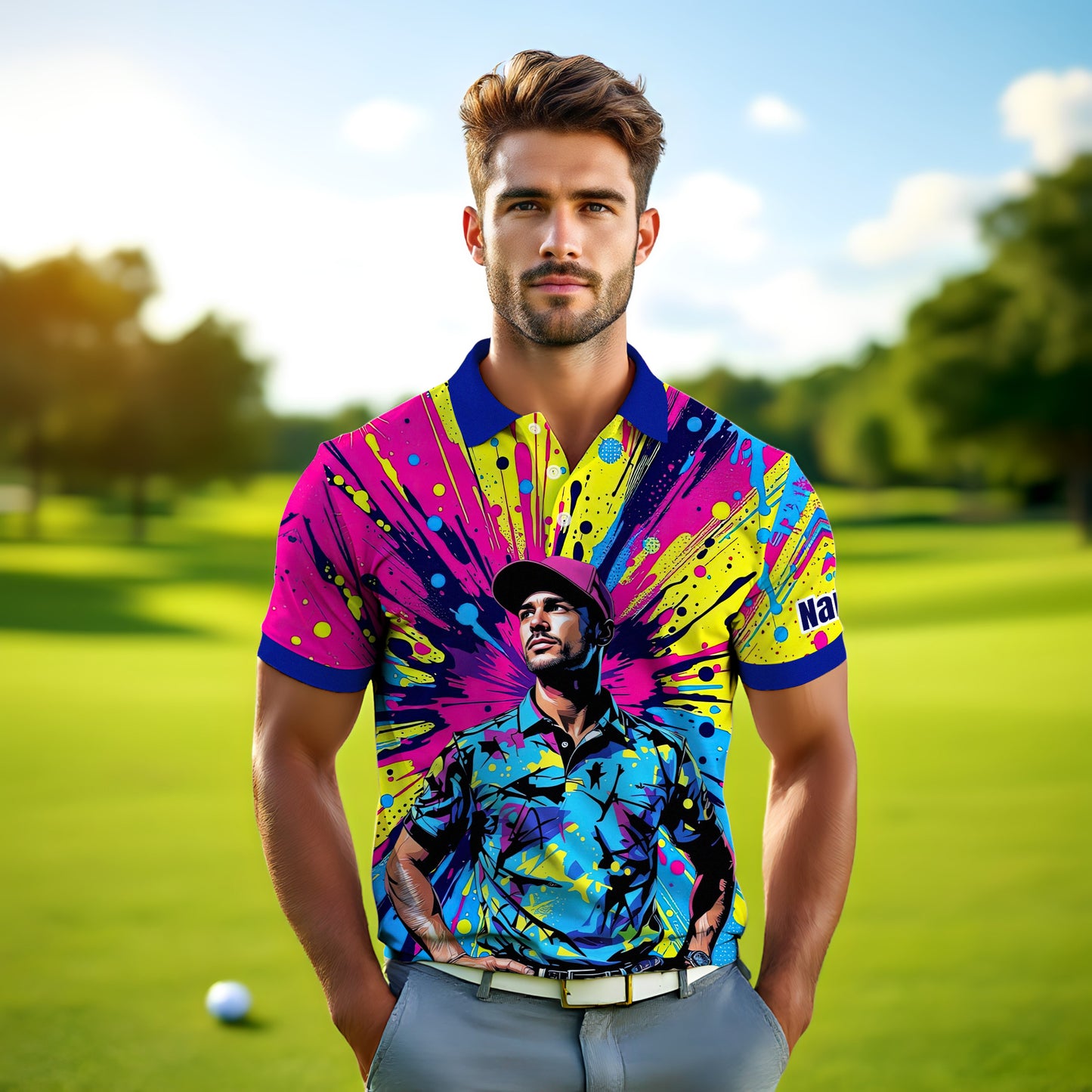 HomyGifts Men's Customized Face Artistic Golf Polo Shirt, Personalized Pop Art Golf Polo, Portrait Gift for Golfers Style 11