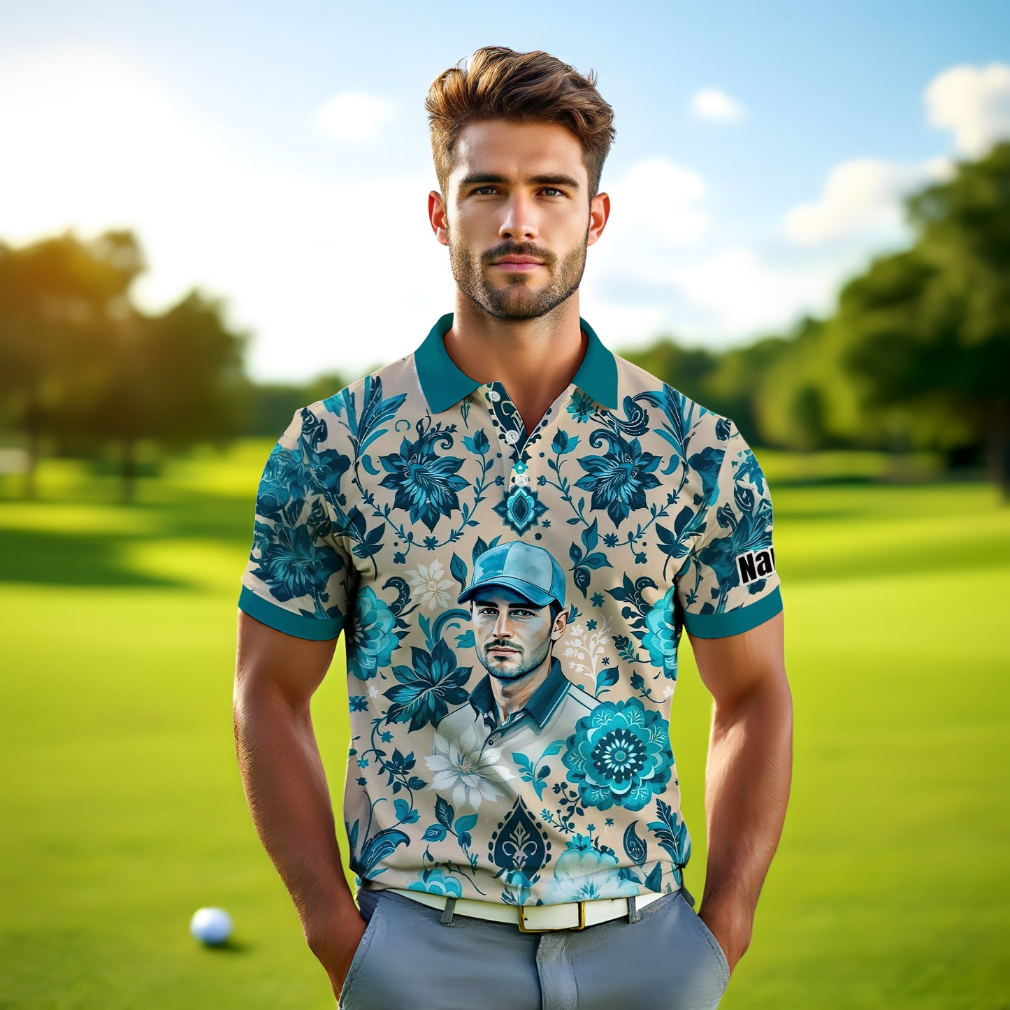 Custom Retro Pattern Art Polo Shirt – Personalized Face & Name | Vintage Floral Pattern Collared Shirt for Men Style 5