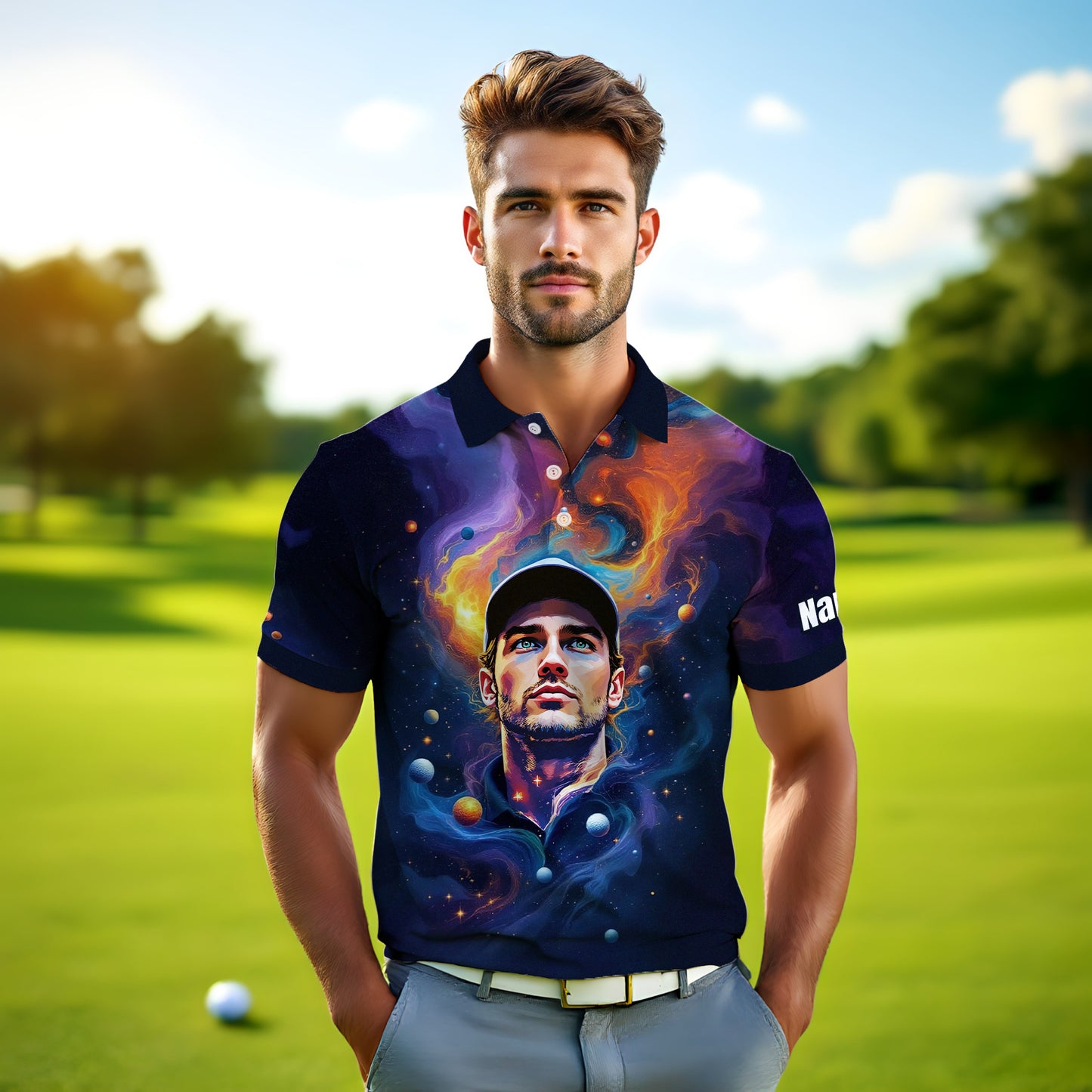 Custom Cosmic Portrait Polo Shirt – Personalized Surreal Galaxy Art with Your Face | Unique Gift for Golfers, Sports & Astrology Fans