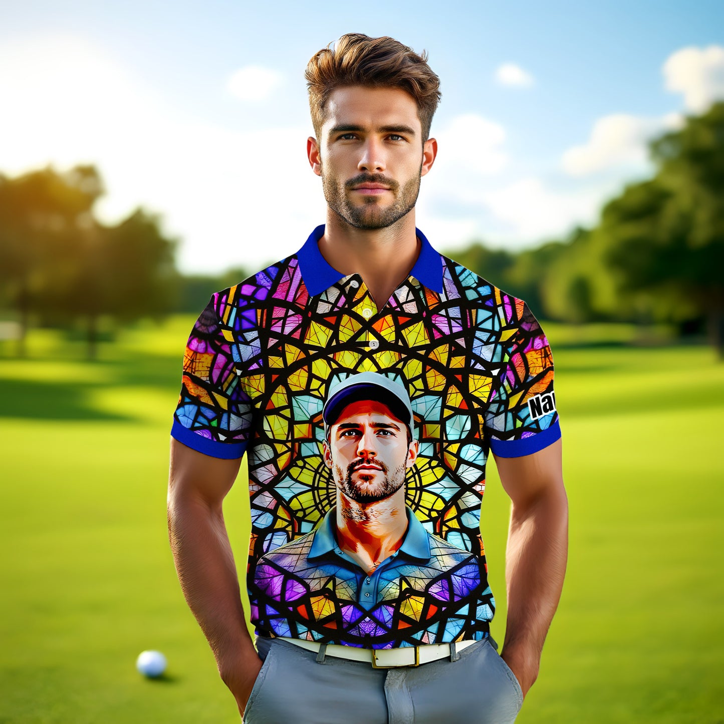 Custom Face Golf Polo Shirt – Personalized Stained Glass Mandala Style Polo, Unique Gift for Men & Women, Vibrant Artistic Golf Shirt, Custom Photo Polo