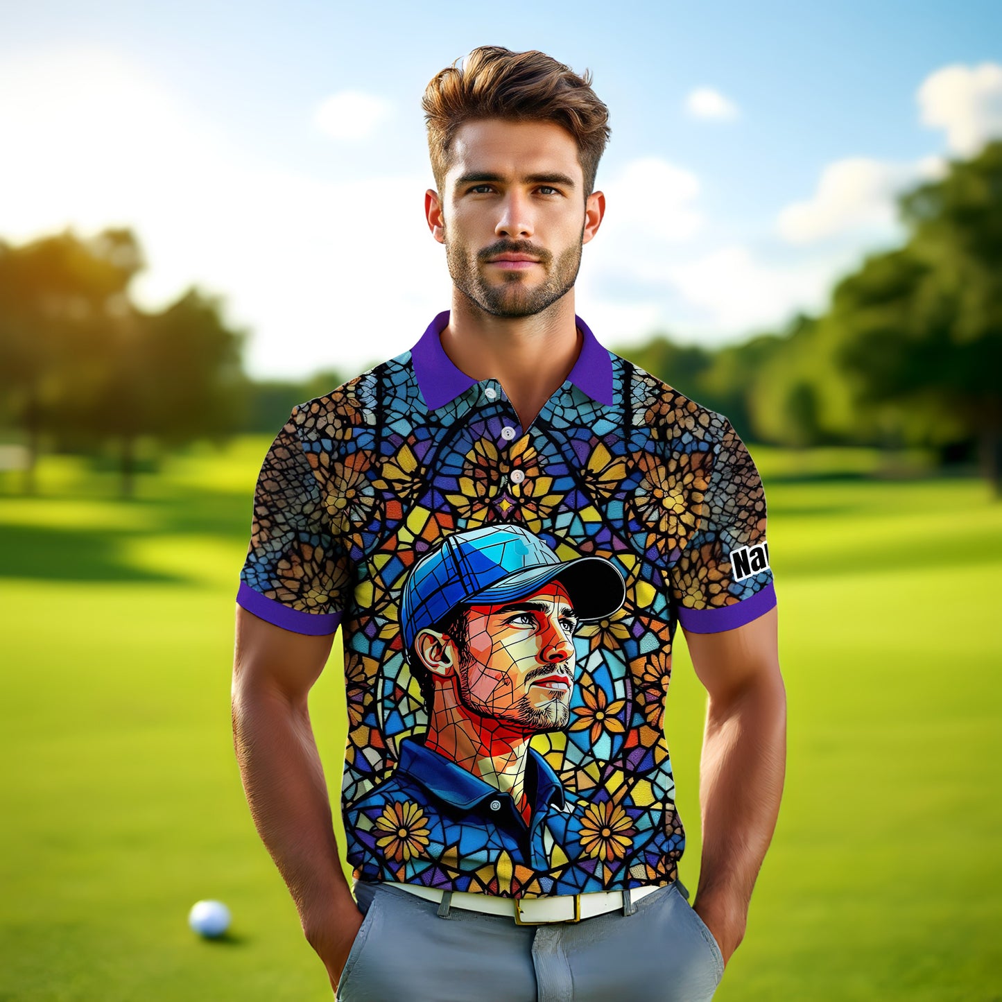 Custom Face Golf Polo Shirt – Personalized Stained Glass Art Shirt, Unique Golf Gift for Him, Colorful Abstract Golf Polo, Custom Sportswear