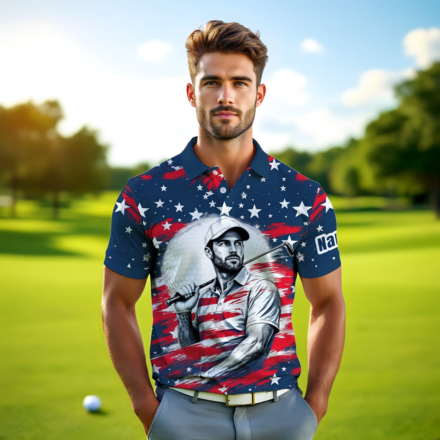 HomyGifts Men's Customized Face Artistic Golf Polo Shirt, Personalized American Flag Design, Unique Gift for Patriotic Golfers Style 22