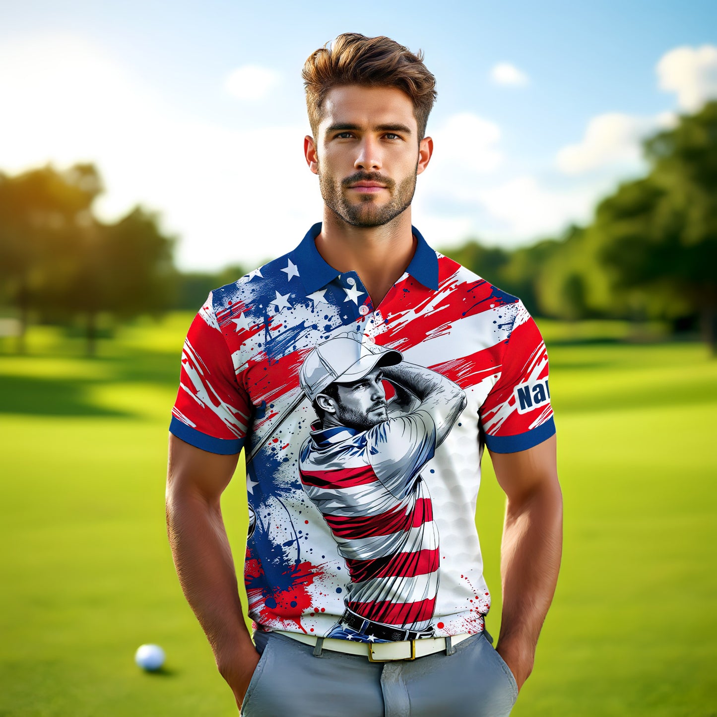 HomyGifts Men's Customized Face Artistic Golf Polo Shirt, Personalized American Flag Design, Unique Gift for Patriotic Golfers Style 23