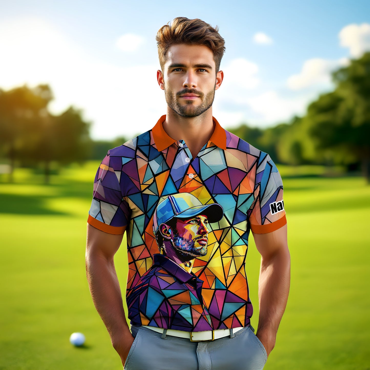 Angular Geometric Glass Pattern Custom Face Polo — Stained-Glass Mosaic Print, Personalized Sublimation Golf Shirt, Vibrant Geometric Portrait Tee