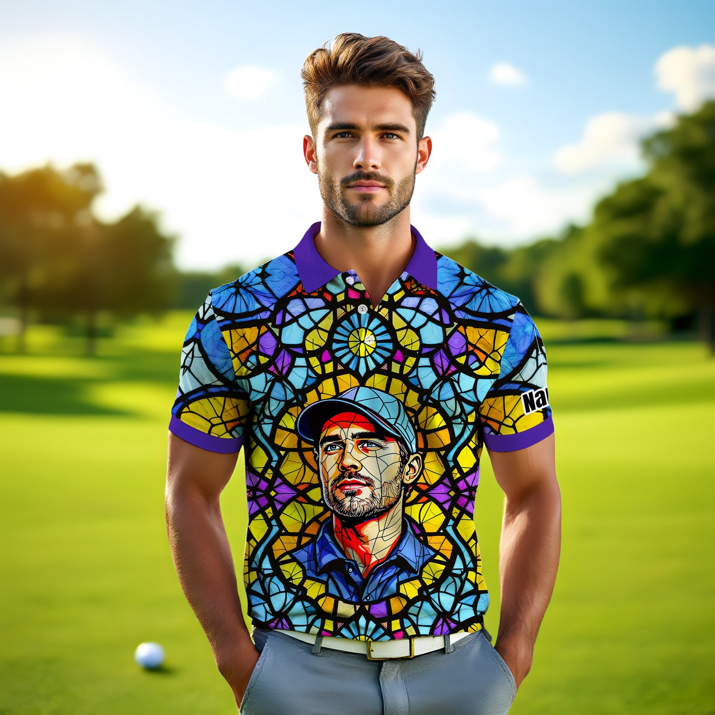 Custom Face Golf Polo Shirt – Personalized Stained Glass Art Shirt, Unique Golf Gift for Him, Colorful Abstract Golf Polo, Custom Sportswear