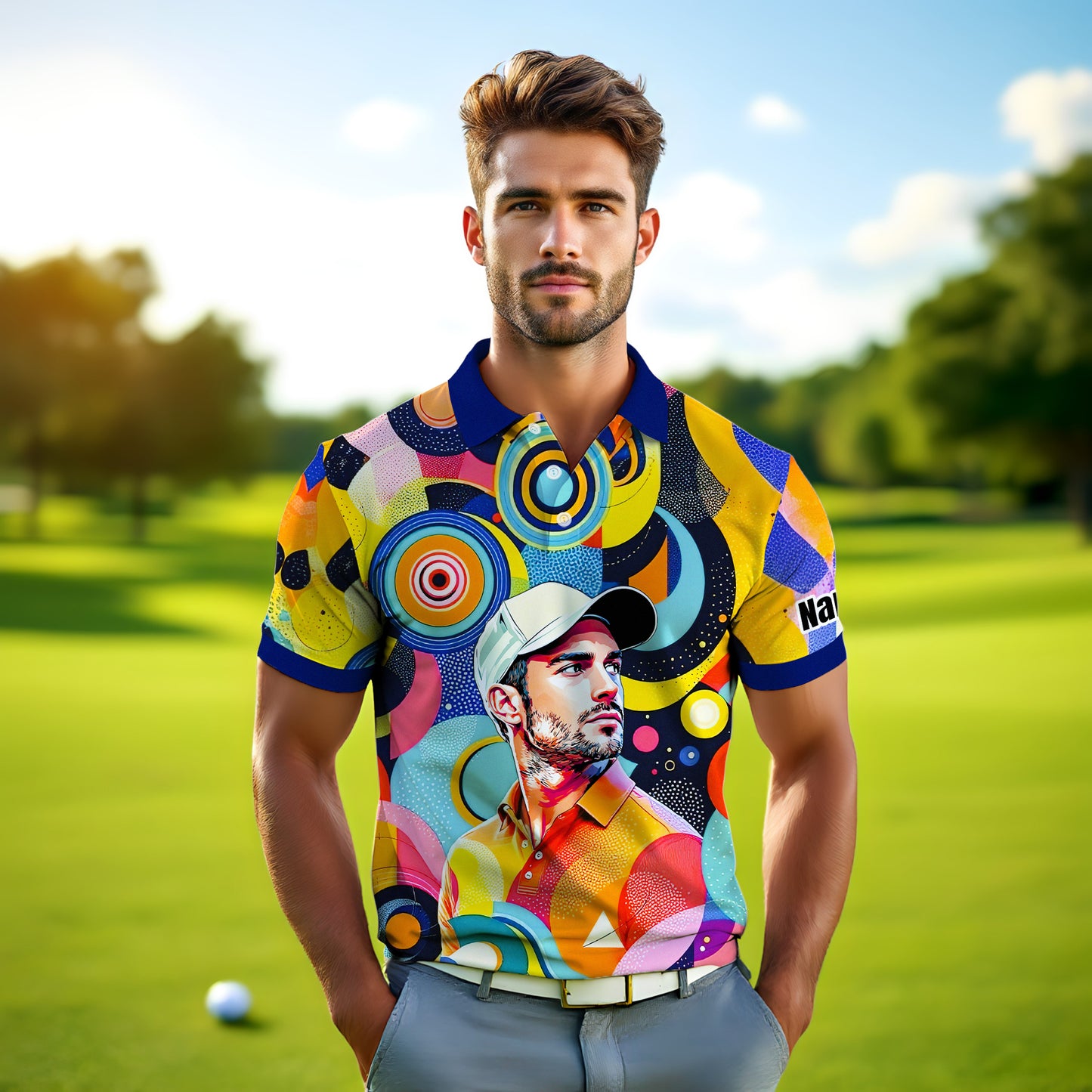 HomyGifts Custom Face Polo Shirt – Personalized Abstract Geometric Art Photo Shirt, Unique Gift for Him & Her