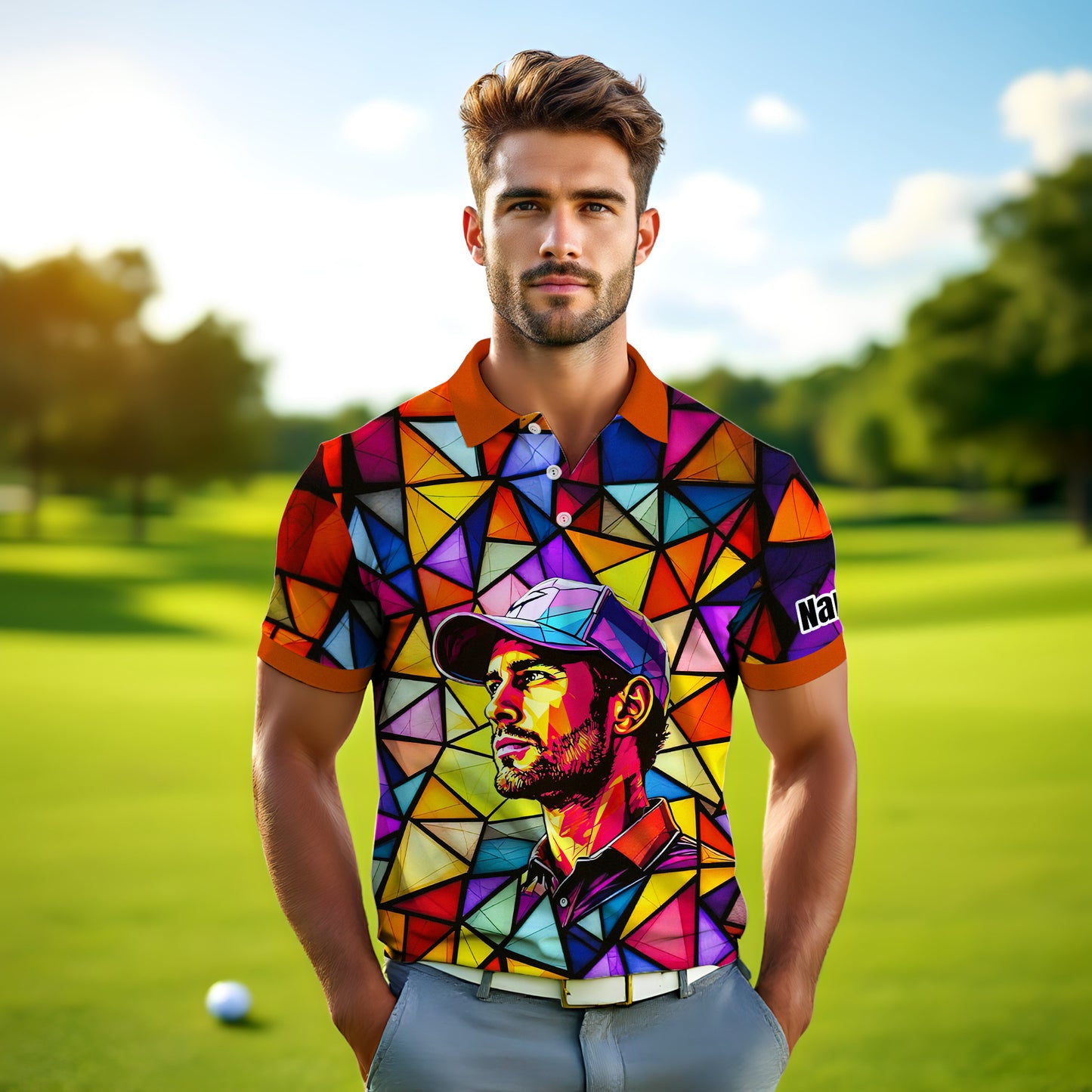HomyGifts Men's Customized Face Artistic Golf Polo Shirt, Angular Geometric Glass Pattern, Stained-Glass Mosaic Print, Personalized Sublimation Golf Shirt, Vibrant Geometric Portrait Tee
