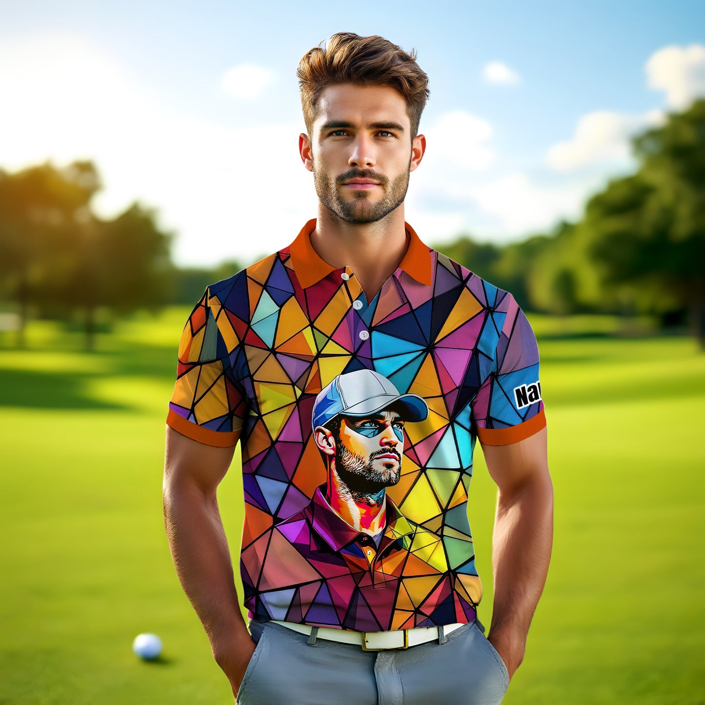 Angular Geometric Glass Pattern Custom Face Polo — Stained-Glass Mosaic Print, Personalized Sublimation Golf Shirt, Vibrant Geometric Portrait Tee