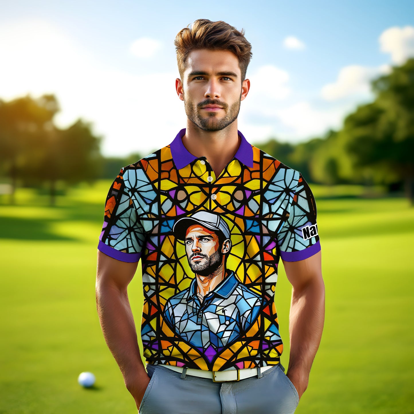 Custom Face Golf Polo Shirt – Personalized Stained Glass Art Shirt, Unique Golf Gift for Him, Colorful Abstract Golf Polo, Custom Sportswear