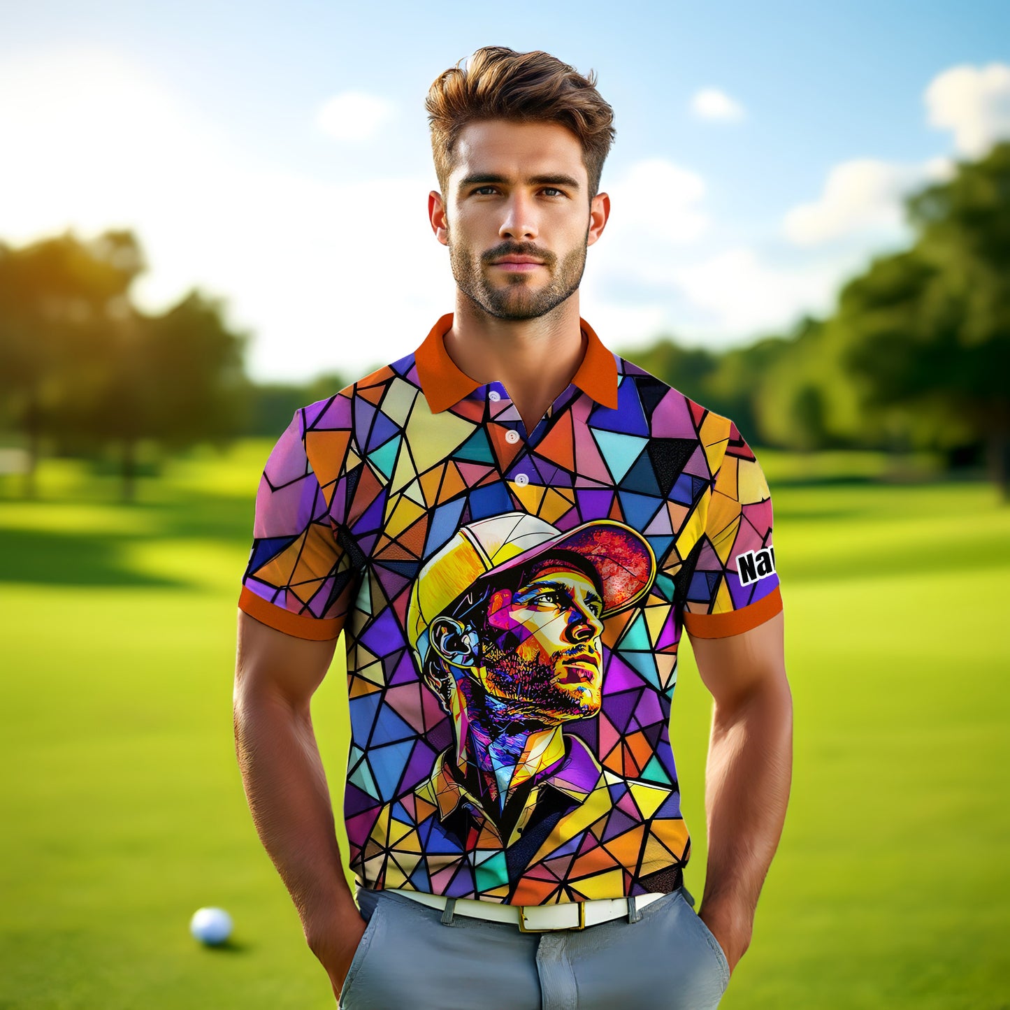 HomyGifts Men's Customized Face Artistic Golf Polo Shirt, Angular Geometric Glass Pattern, Stained-Glass Mosaic Print, Personalized Sublimation Golf Shirt, Vibrant Geometric Portrait Tee