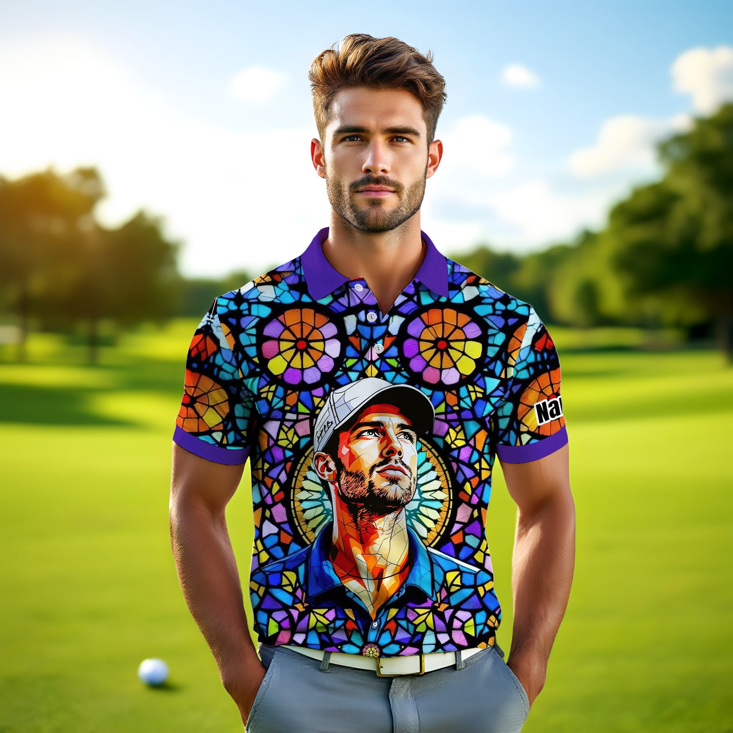 Custom Face Golf Polo Shirt – Personalized Stained Glass Art Shirt, Unique Golf Gift for Him, Colorful Abstract Golf Polo, Custom Sportswear
