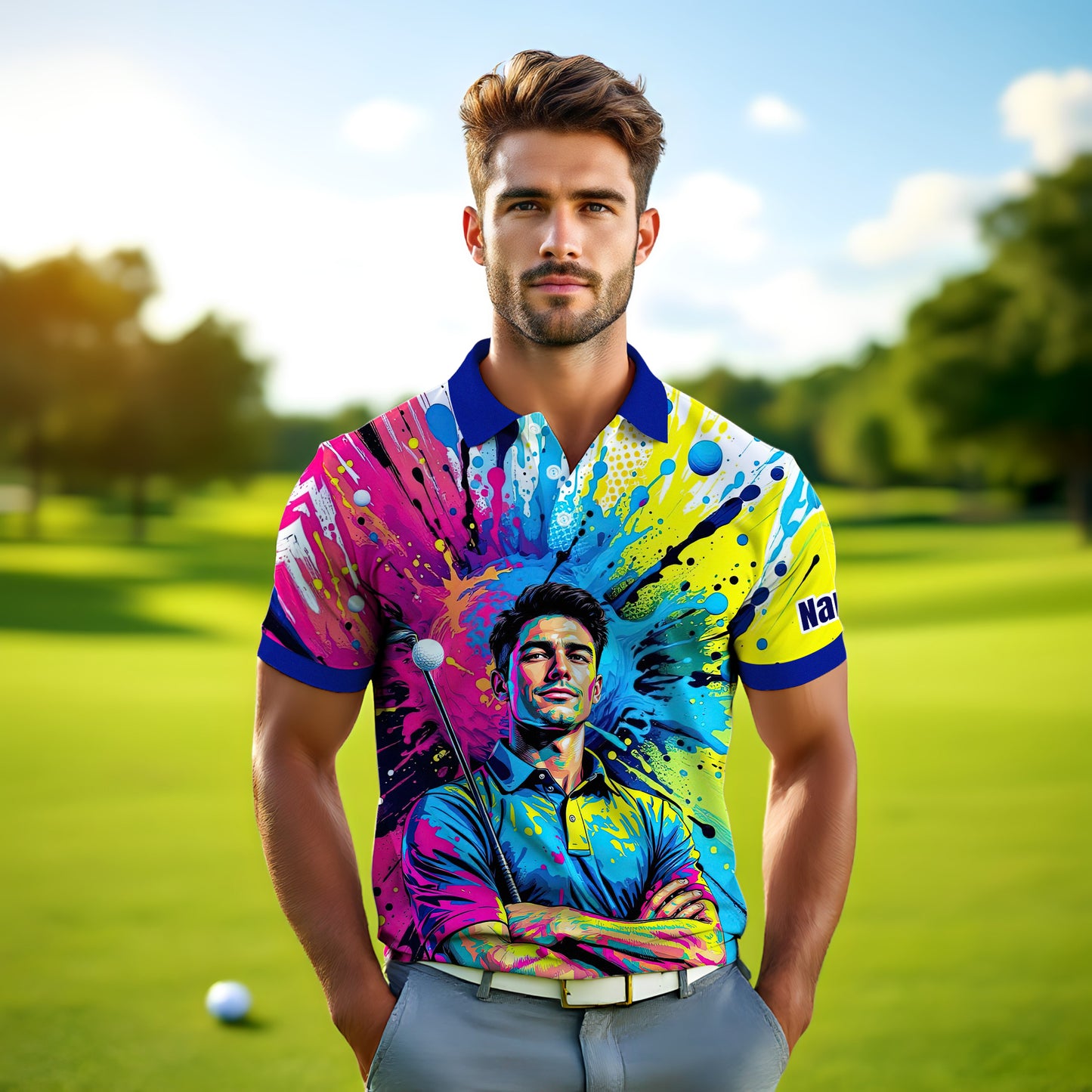 HomyGifts Men's Customized Face Artistic Golf Polo Shirt, Personalized Pop Art Golf Polo, Portrait Gift for Golfers Style 6