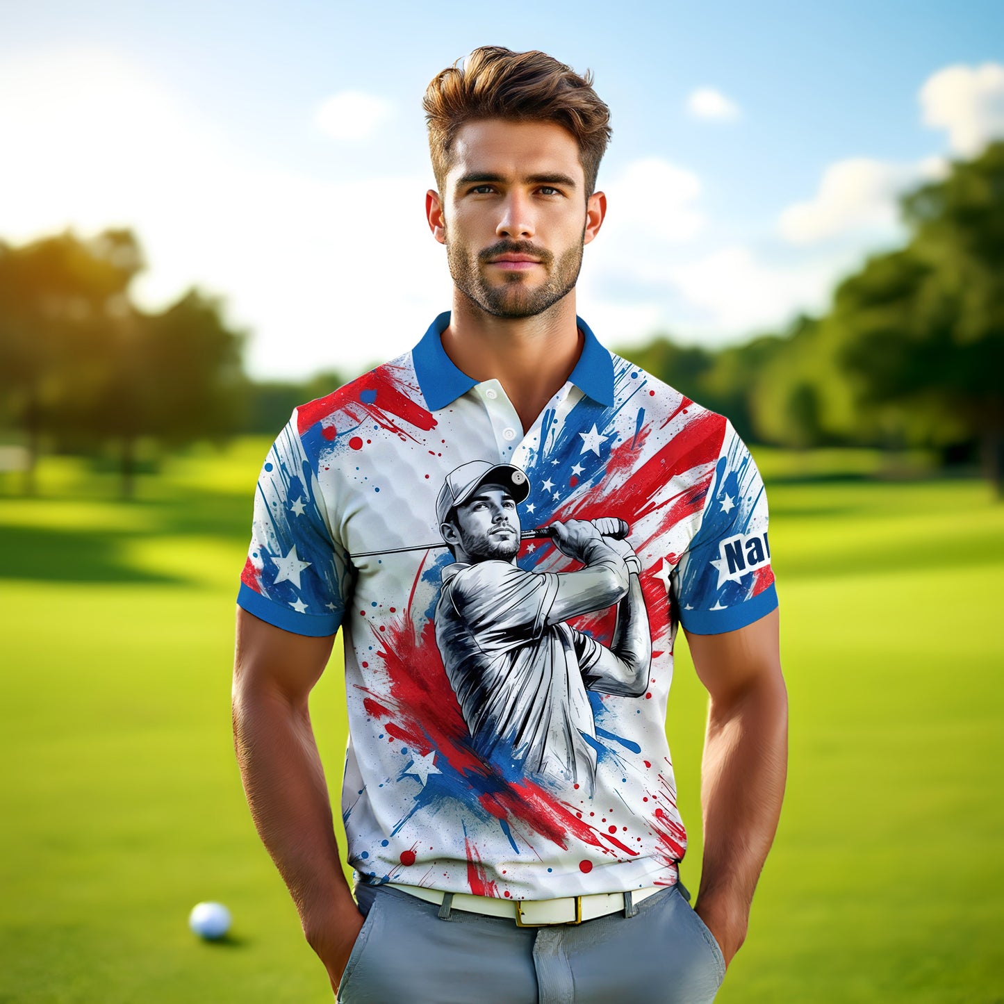 HomyGifts Men's Customized Face Artistic Golf Polo Shirt, Personalized American Flag Design, Unique Gift for Patriotic Golfers Style 21