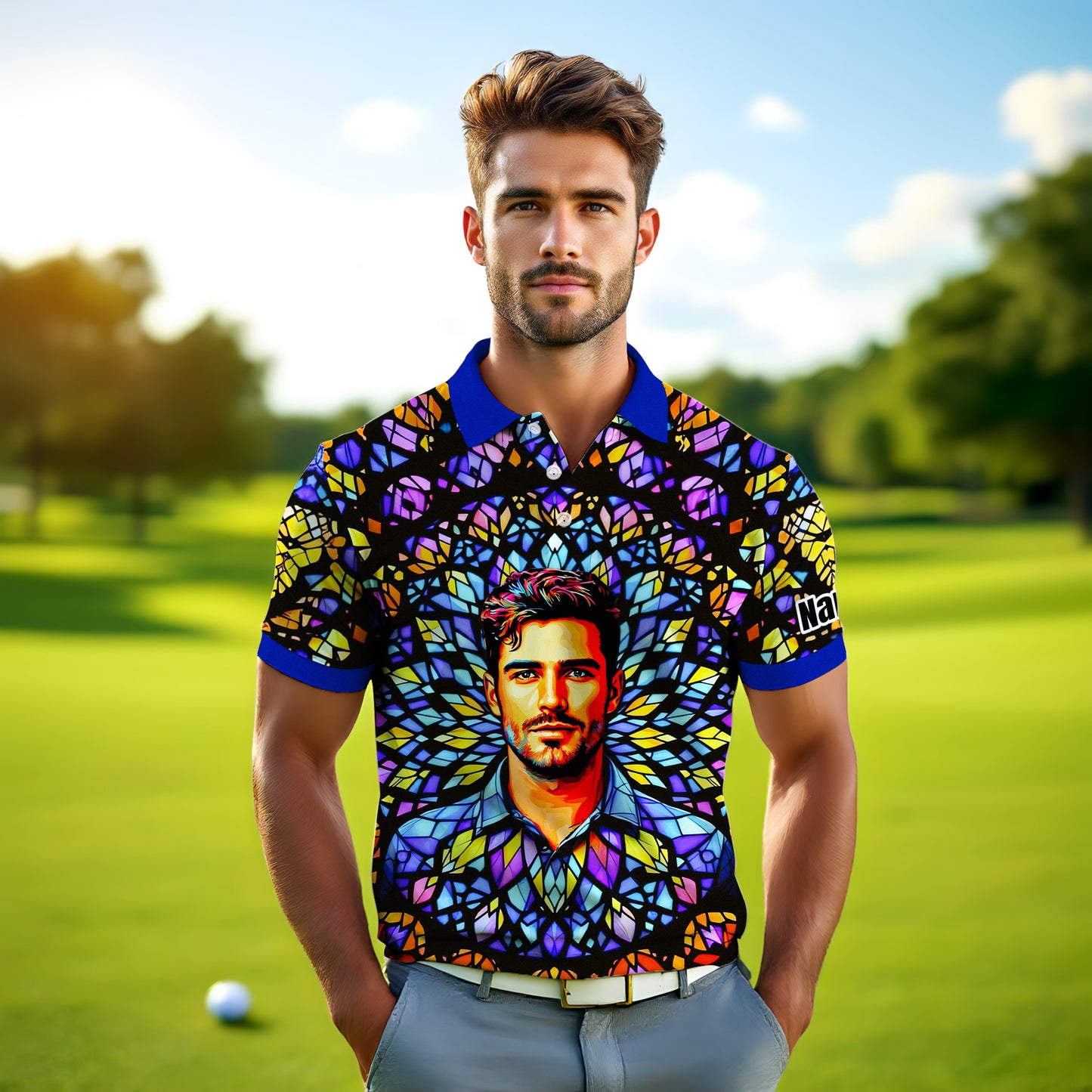 Custom Face Golf Polo Shirt – Personalized Stained Glass Mandala Style Polo, Unique Gift for Men & Women, Vibrant Artistic Golf Shirt, Custom Photo Polo
