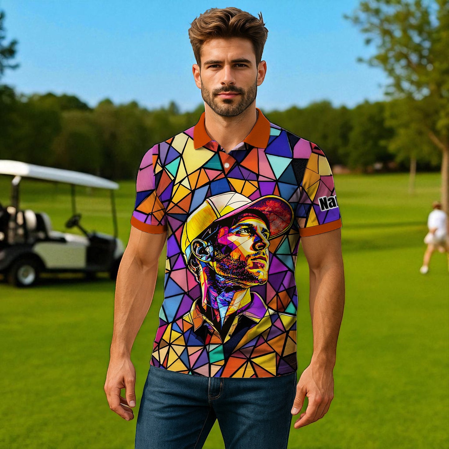 HomyGifts Men's Customized Face Artistic Golf Polo Shirt, Angular Geometric Glass Pattern, Stained-Glass Mosaic Print, Personalized Sublimation Golf Shirt, Vibrant Geometric Portrait Tee
