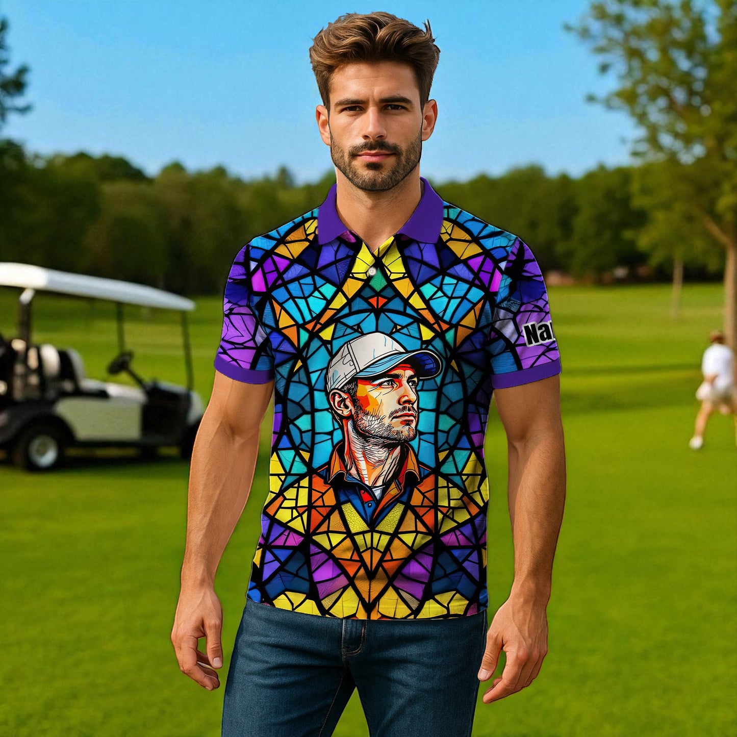 Custom Face Golf Polo Shirt – Personalized Stained Glass Art Shirt, Unique Golf Gift for Him, Colorful Abstract Golf Polo, Custom Sportswear