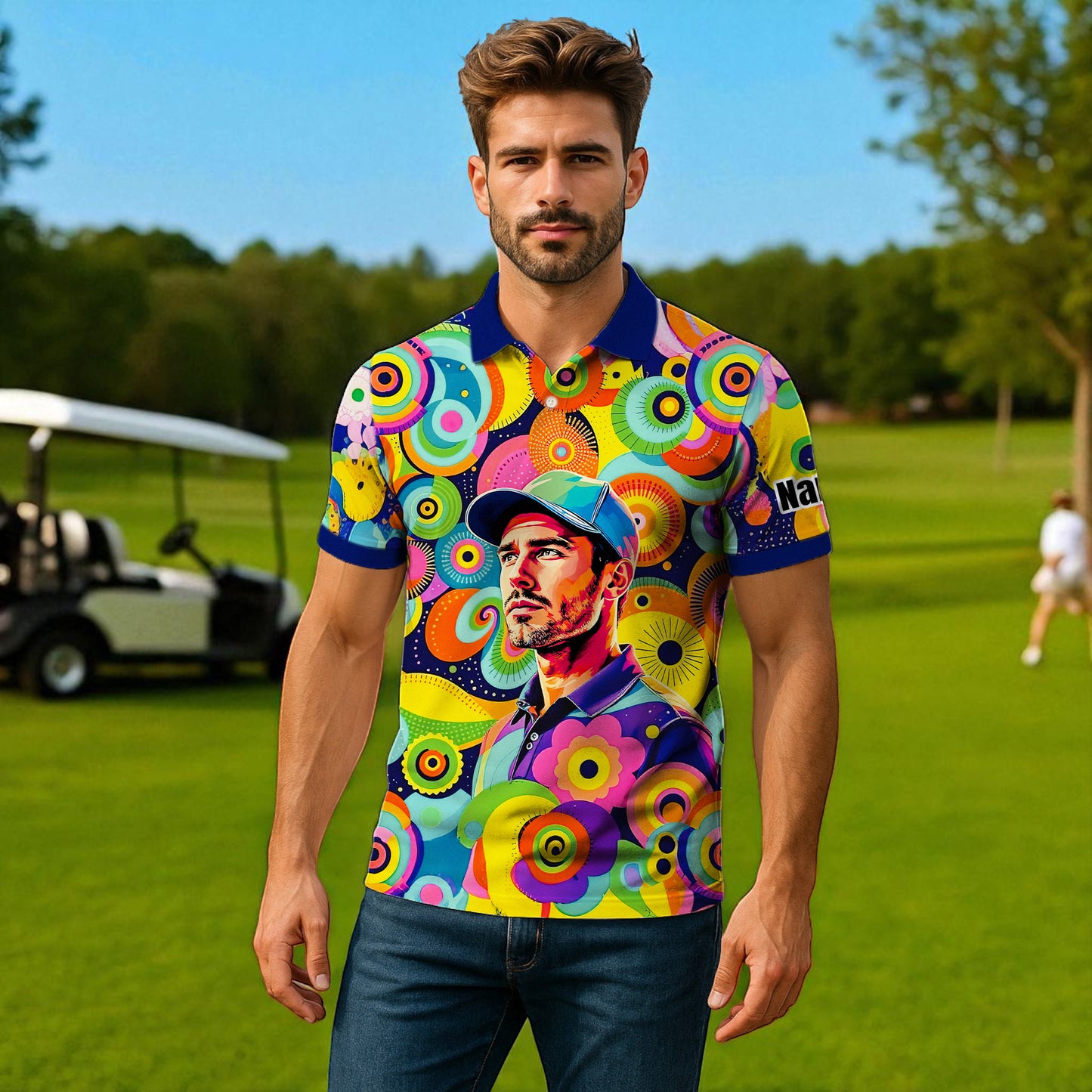 HomyGifts Custom Face Polo Shirt – Personalized Abstract Geometric Art Photo Shirt, Unique Gift for Him & Her
