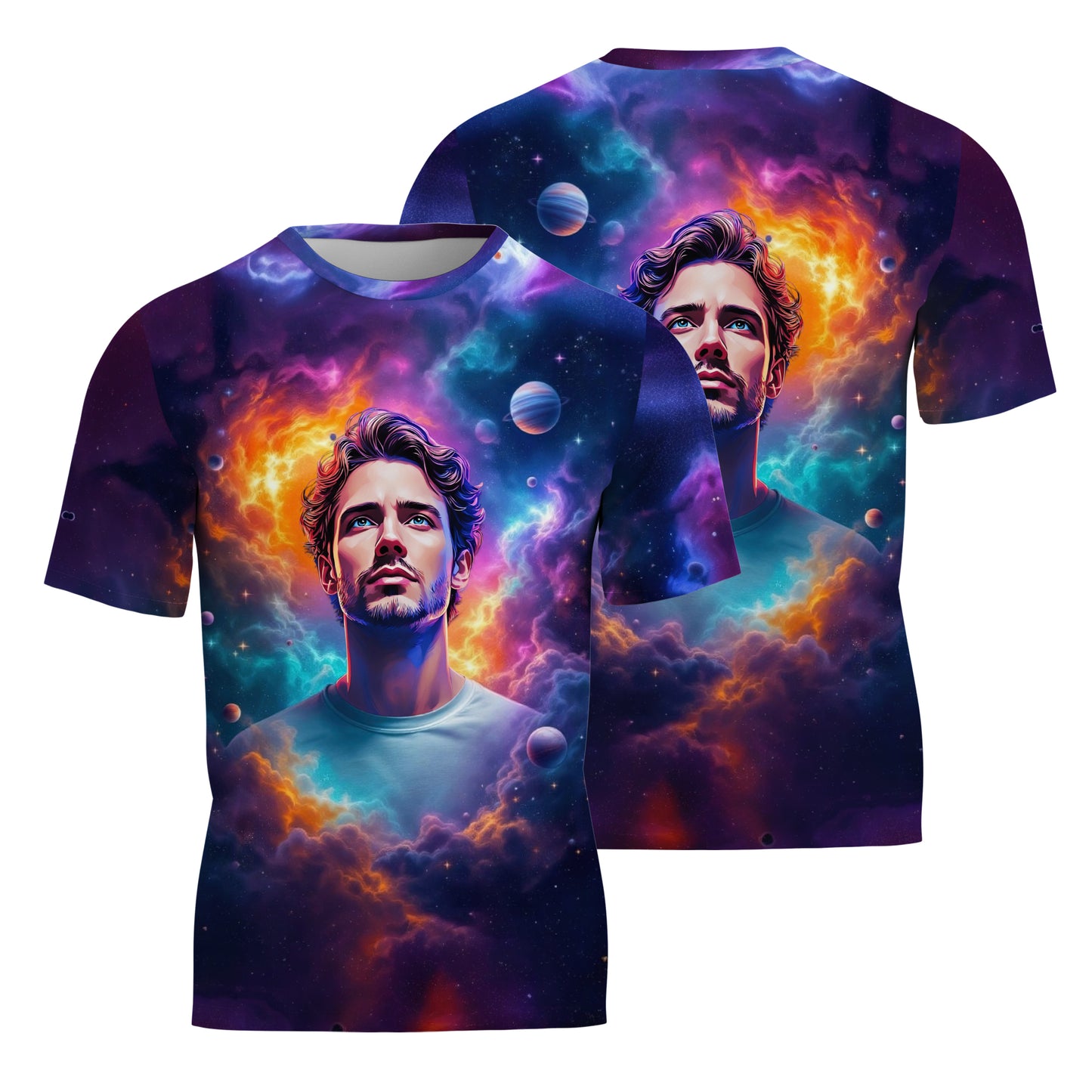 Custom Face Surreal Cosmic Art T-Shirt – Personalized Galaxy Universe Tee with Trippy Sci-Fi Design for Unique Gifts & Style